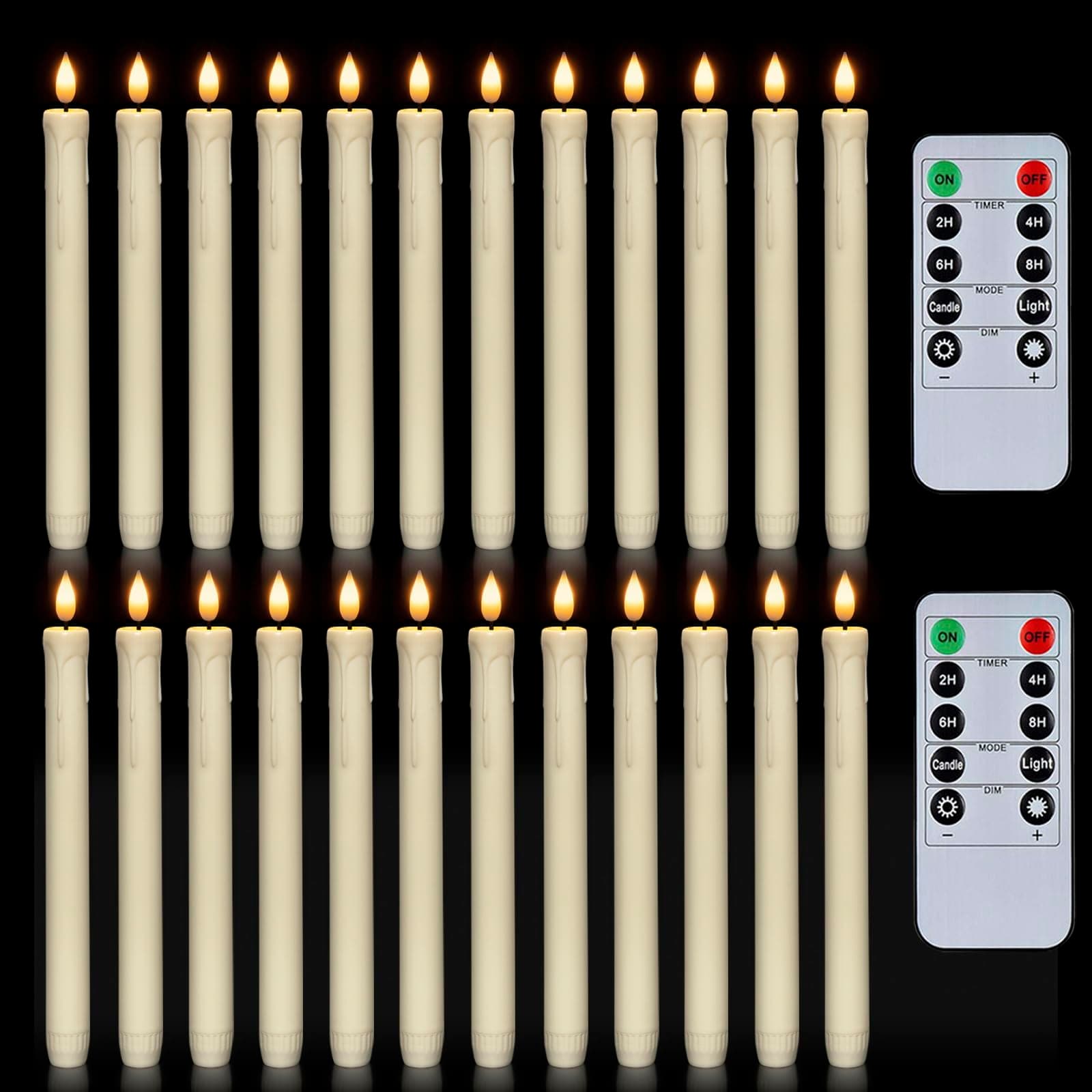 Homemory 24 Pcs Flameless Taper Candles with Remote, Timer, Plastic Battery Operated CandleSticks, Ivory Led Window Candles with Flickering Light, 9.6 Inches for Christmas Home Wedding Decor