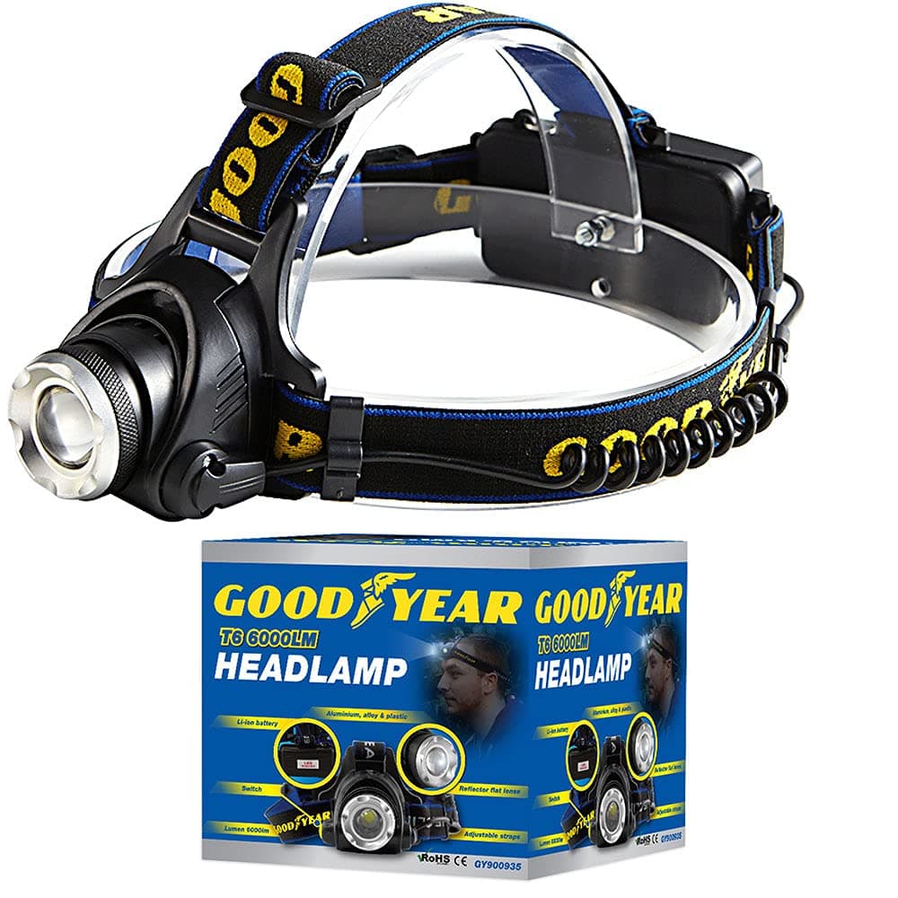 – Goodyear Head Light Torch Lamp Headlamp LED Rechargeable Flashlight 6000 Lumen Multi Zoom X2000 Car Repair Camping Night Light Map Reading
