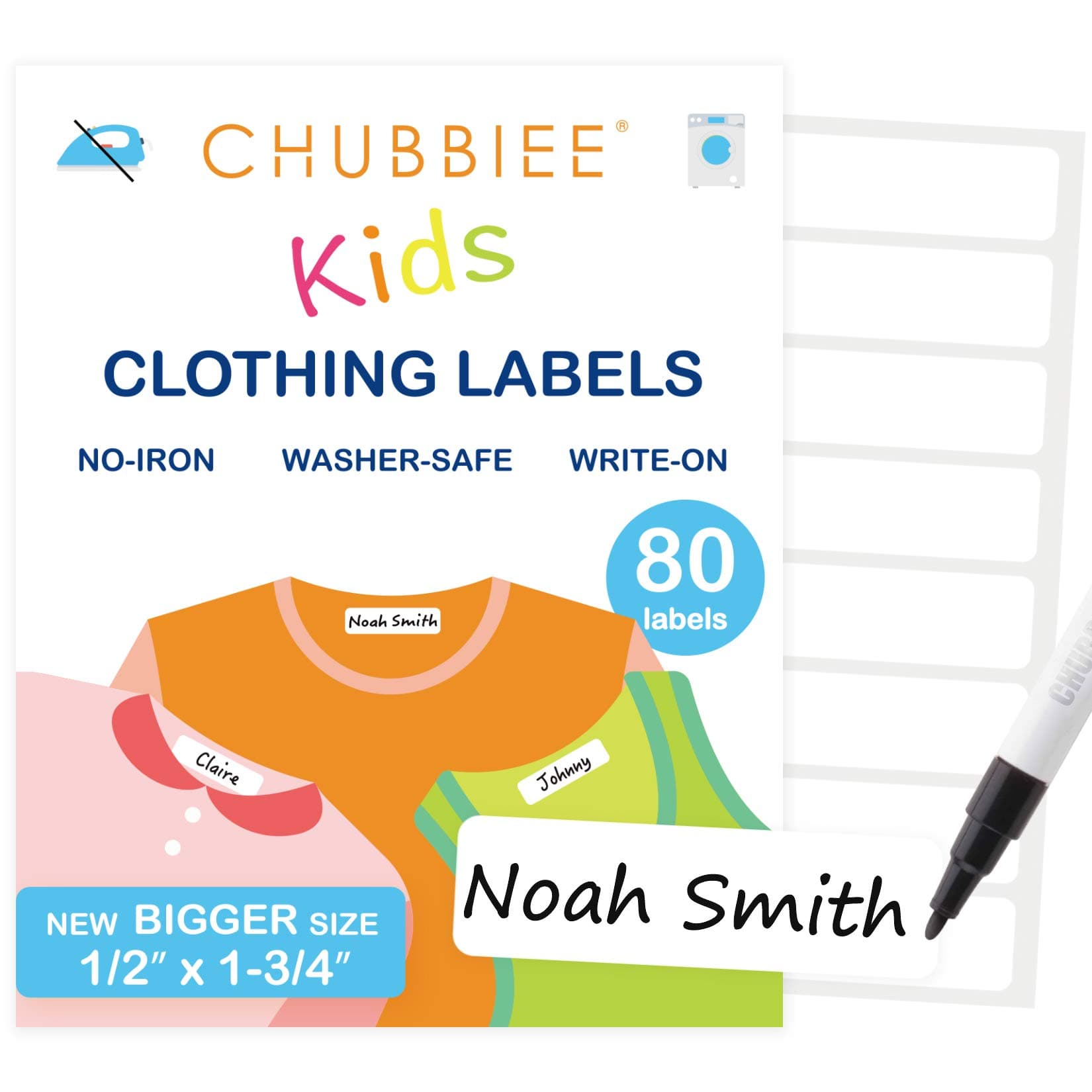 All Purpose No-Iron Kids Clothing Labels, Self-Stick Write-On Fabric Labels for Camp, School, Daycare, Nursing Care, Toys, Organizing, Washer & Dryer Safe, Pack of 80