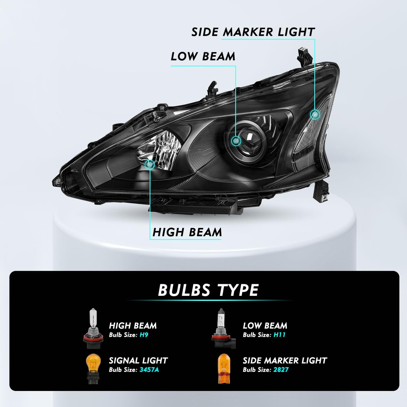 Headlight Assembly Compatible with 2013 2014 2015 Nissan Altima 4-Door Sedan Halogen Replacement 13 14 15 Altima 4Dr Headlamps Black Housing Clear Reflector Driver & Passenger Side