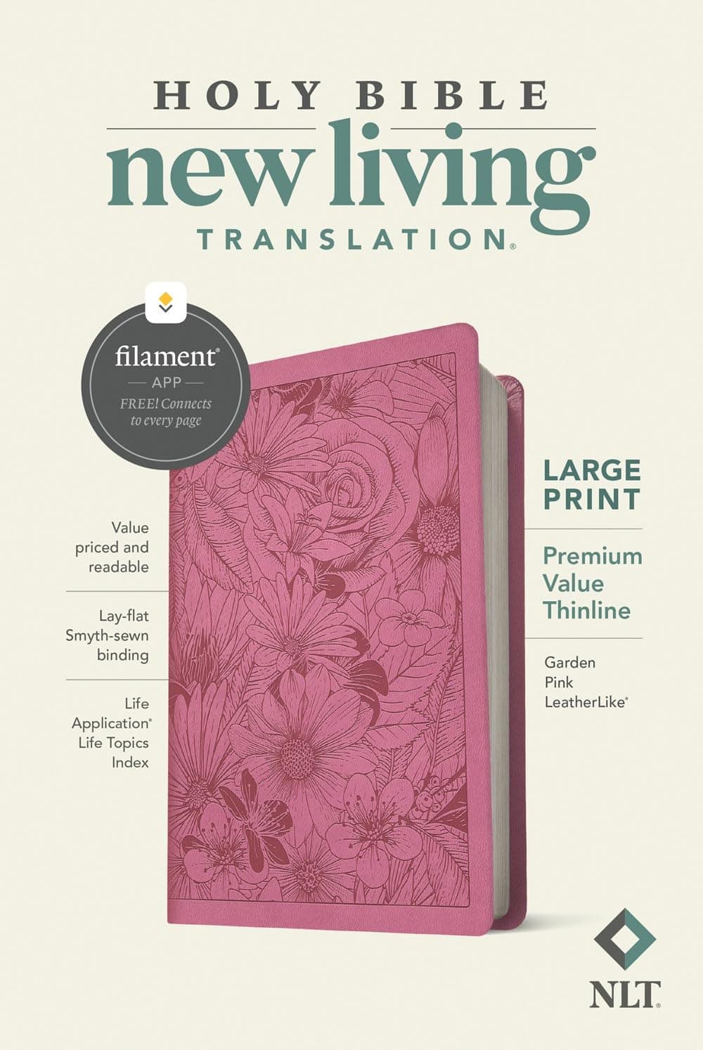 NLT Large Print Premium Value Thinline Bible, Filament Enabled (LeatherLike, Garden Pink)