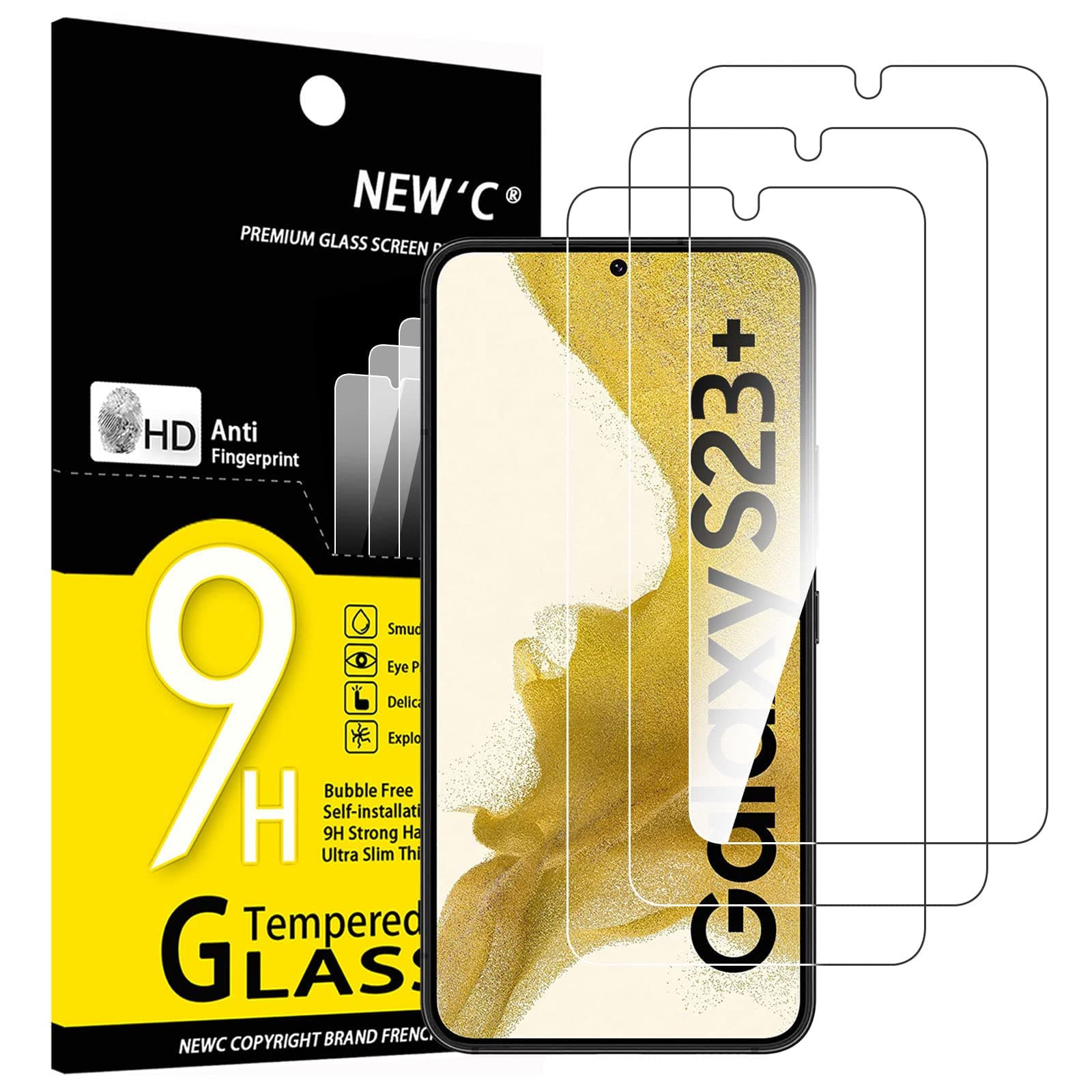 NEW'C 3 Pack Designed for Samsung Galaxy S23 Plus / S23+ Full Screen Protector Tempered Glass, Anti Scratch, Bubble Free, Ultra Resistant