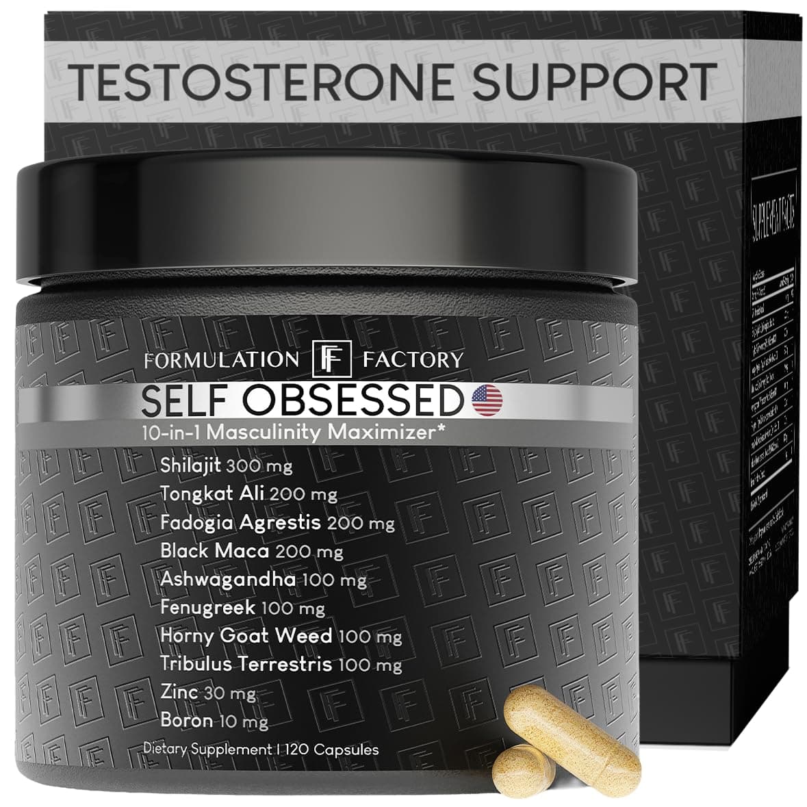 - Self Obsessed Masculine Vitality & Testosterone Support - 10-in-1 Complex with Shilajit, Tongkat Ali, & Fadogia Agrestis - 120 Capsules, 2 Month Supply (120 Count (Pack of 1), Self Obsessed)