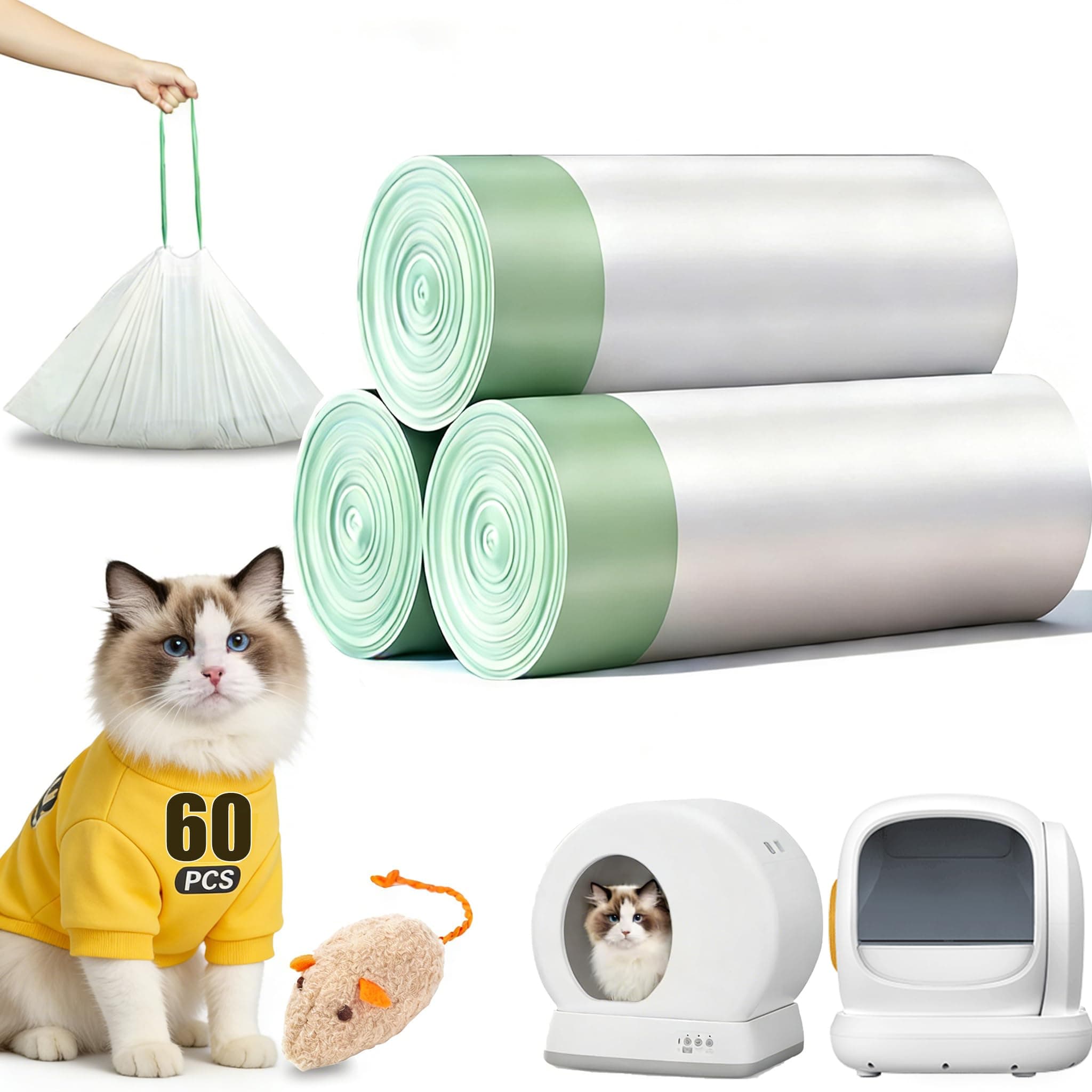 60 Count Self-Cleaning Cat Litter Box Liners Bags Fit For MW-SC01/SC02/SC09/LR01/LR02, Pre-Seperated Heavy Duty Automatic Cat Litetr Box Bags with Drawstring-18" * 12.6"