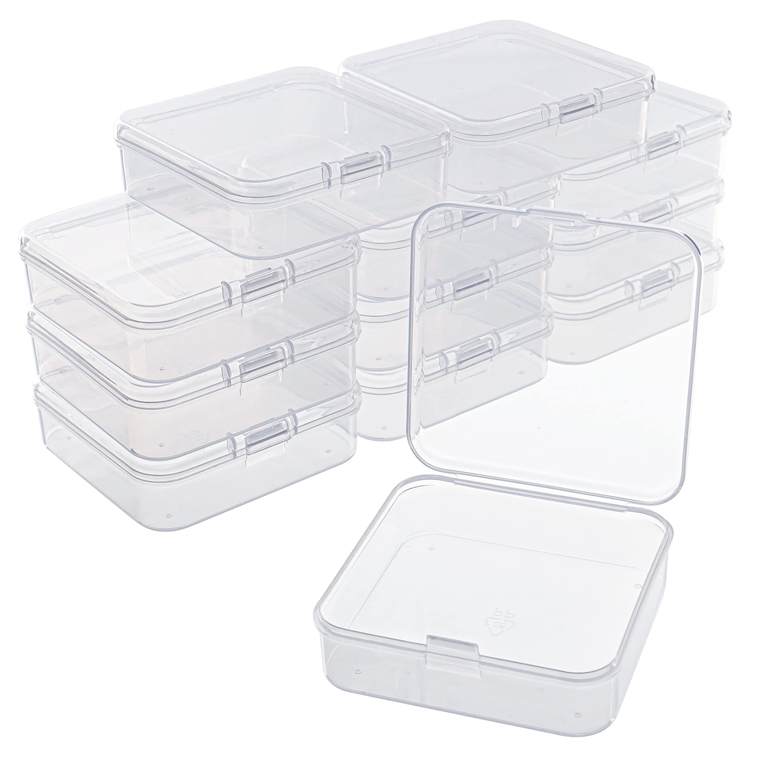 BELLE VOUS 12 Pack of Clear Plastic Storage Box Containers with Hinged Lids - W6.3 x L6.3 x H1.6cm /2.48 x 2.48 x 0.63 Inches - Mini boxes for Pills, Beads, Jewellery & Craft Items