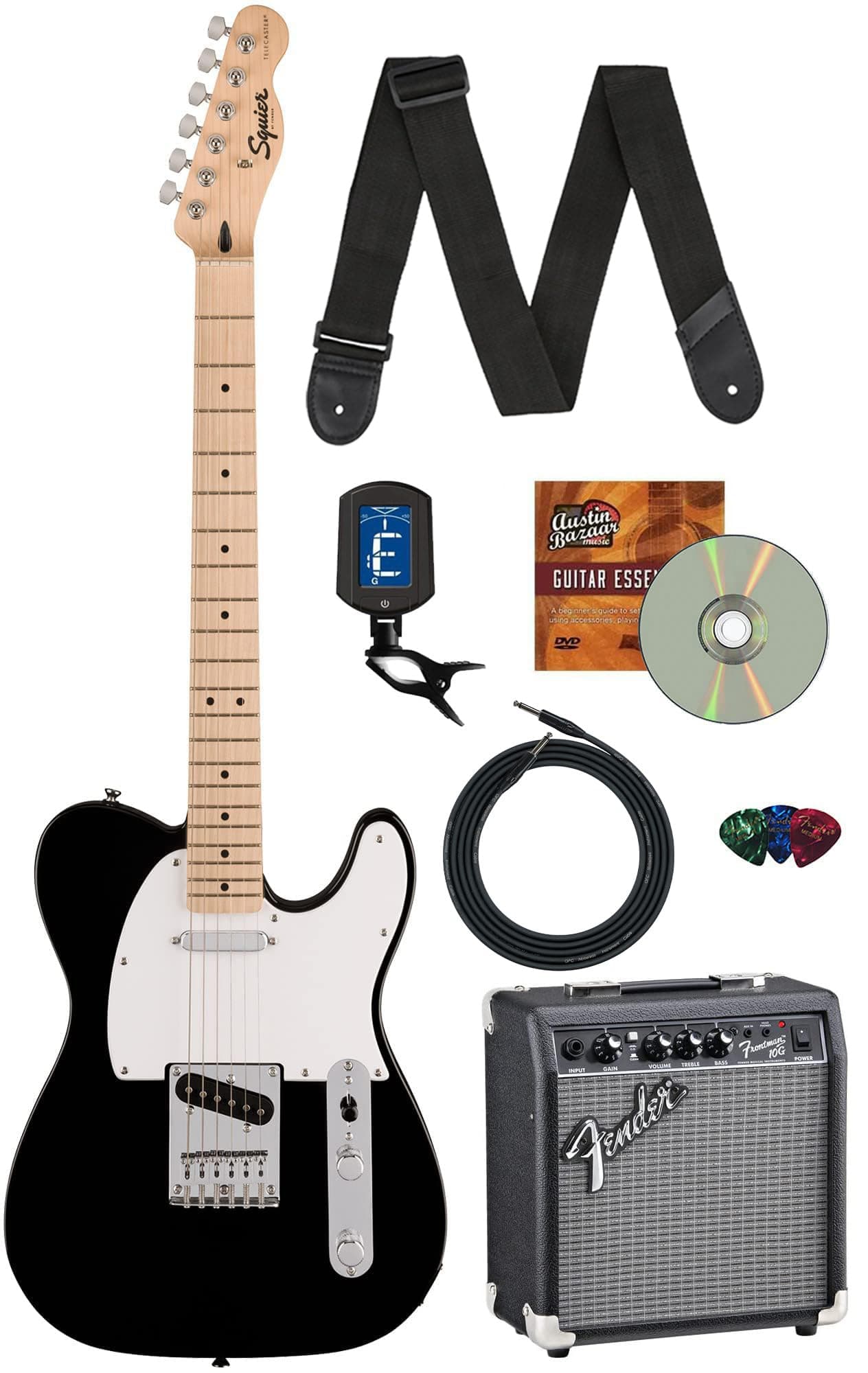 Squier Sonic Telecaster - Black Bundle with Frontman 10G Amp, Tuner, Strap, Cable, Picks, and Austin Bazaar Guitar DVD
