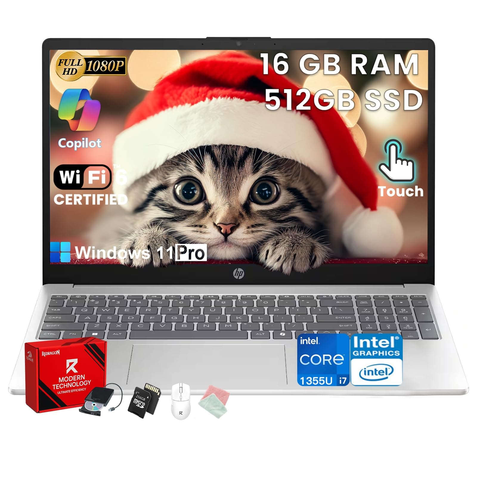HP Premium 15.6" Touchscreen Laptop Computer - Intel 10-Core i7 1355U • 32GB RAM, 1TB SSD • 15.6" FHD Anti-Glare • Win 11 Pro • Wi-Fi 6 • Ai Copilot • for Business & Student • w/Accessories