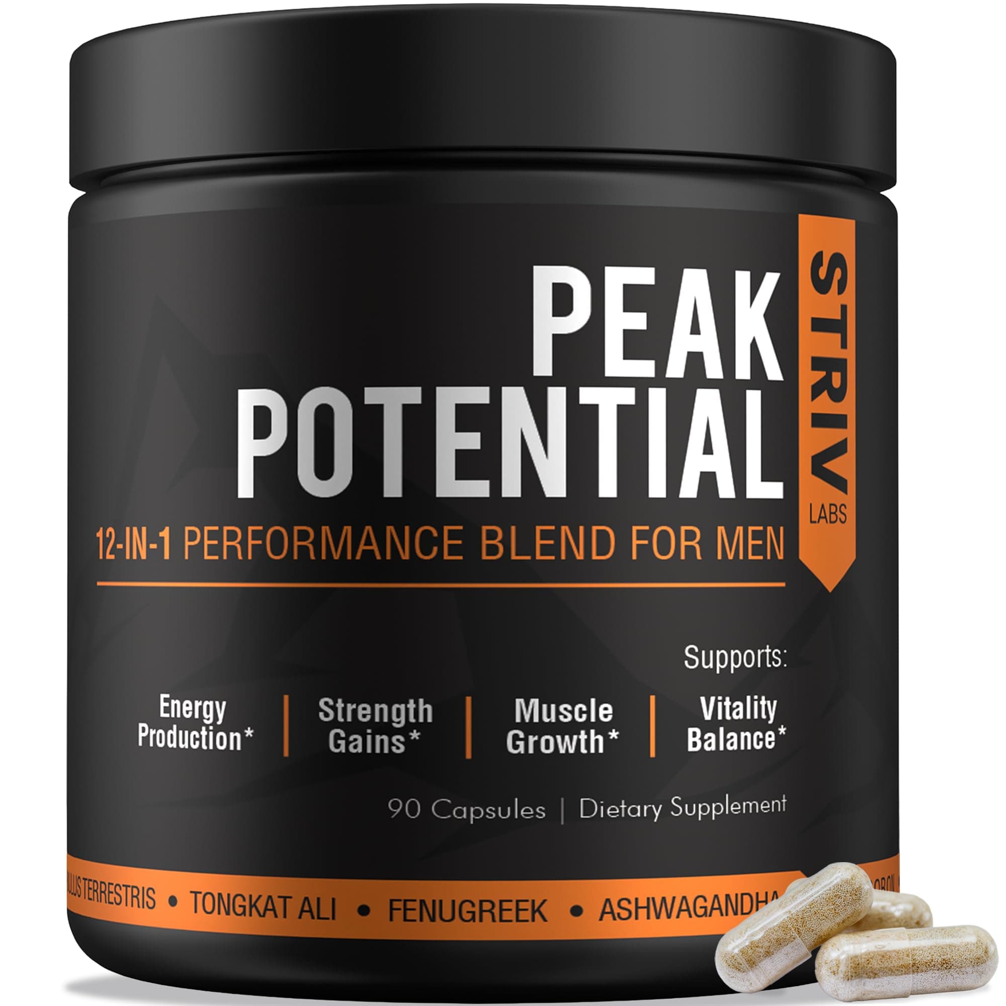 Peak Potential 12-in-1 Testosterone Support for Men – Natural Strength, Energy & Muscle Builder with Tongkat Ali, Ashwagandha & Fenugreek – 90 Capsules