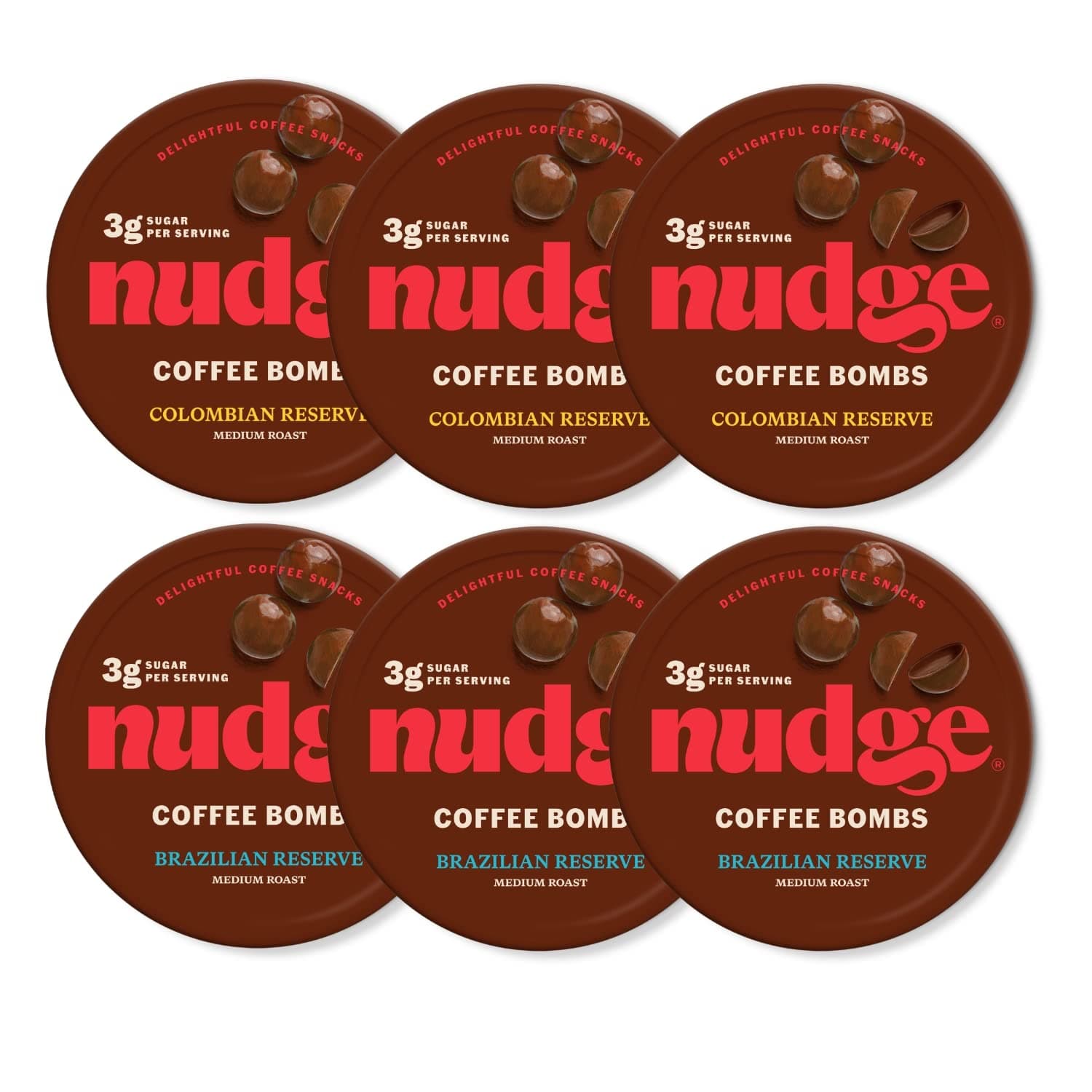 Nudge Origin Coffee Bombs, Variety Pack, Low Sugar Snack, 1.94oz Tin, (Colombian Reserve 3 tins & Brazilian Reserve 3 tins), 6 Count