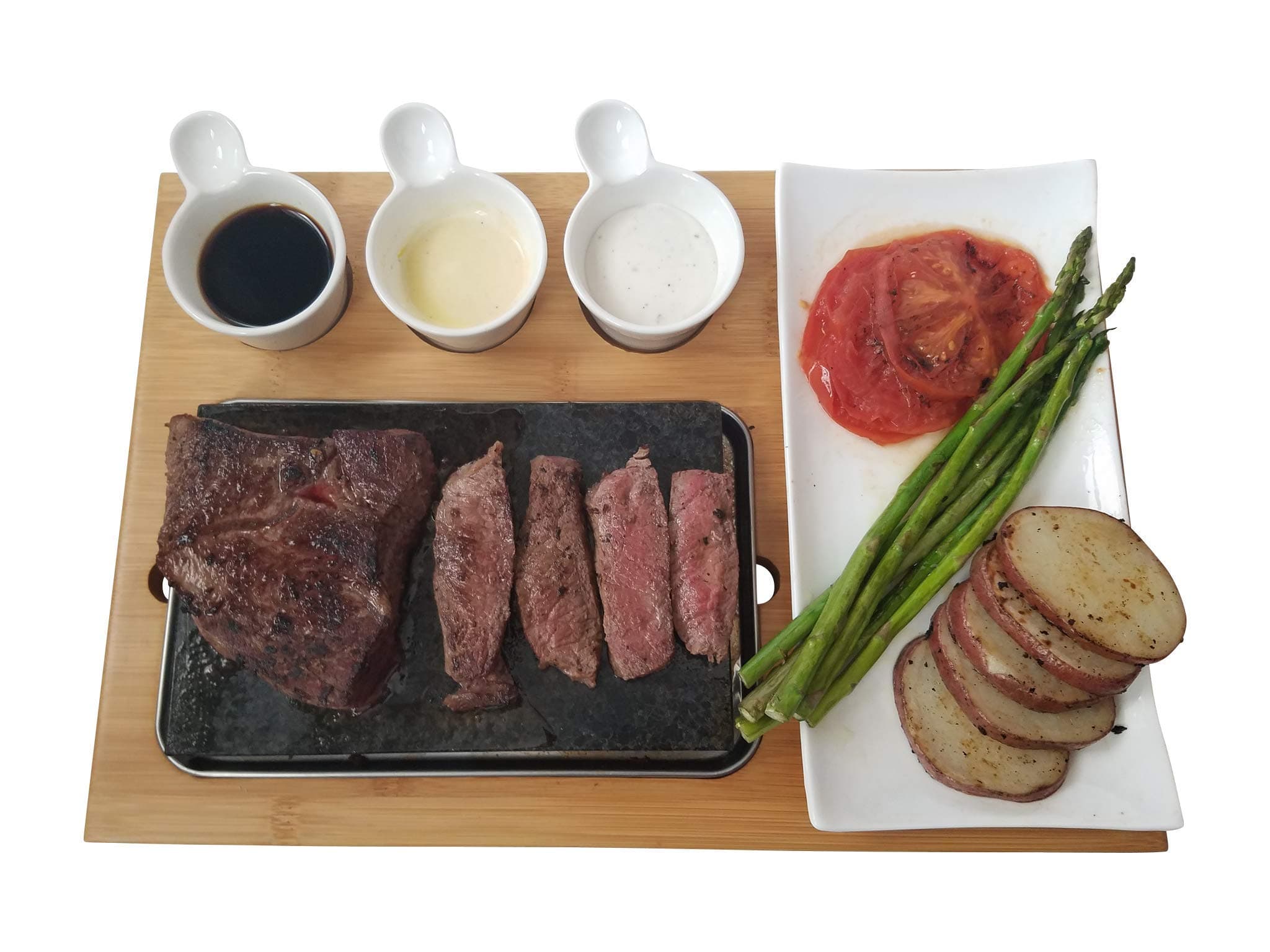 Cooking Stone - Complete Set Lava Hot Steak Stone Plate and Cold Lava Rock Hibachi Grilling Stone w Ceramic Side Dishes and Bamboo Platter