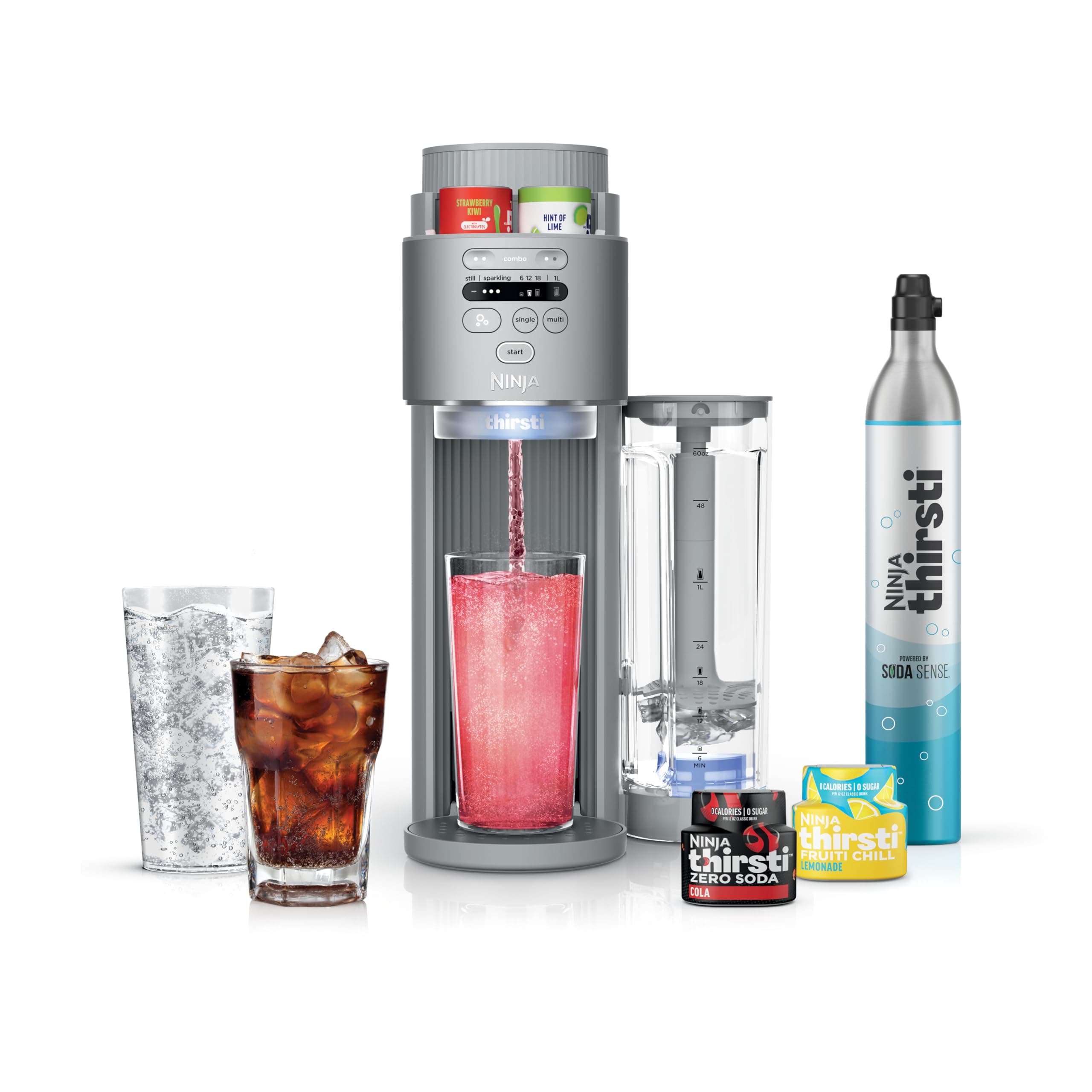 Ninja Thirsti Max Custom Hydration System, Soda Maker, Sparkling Water Maker, Custom Still & Sparkling Drinks, Compact Design, With 60L CO₂ Cylinder & Flavored Water Drops, Silver WC2002