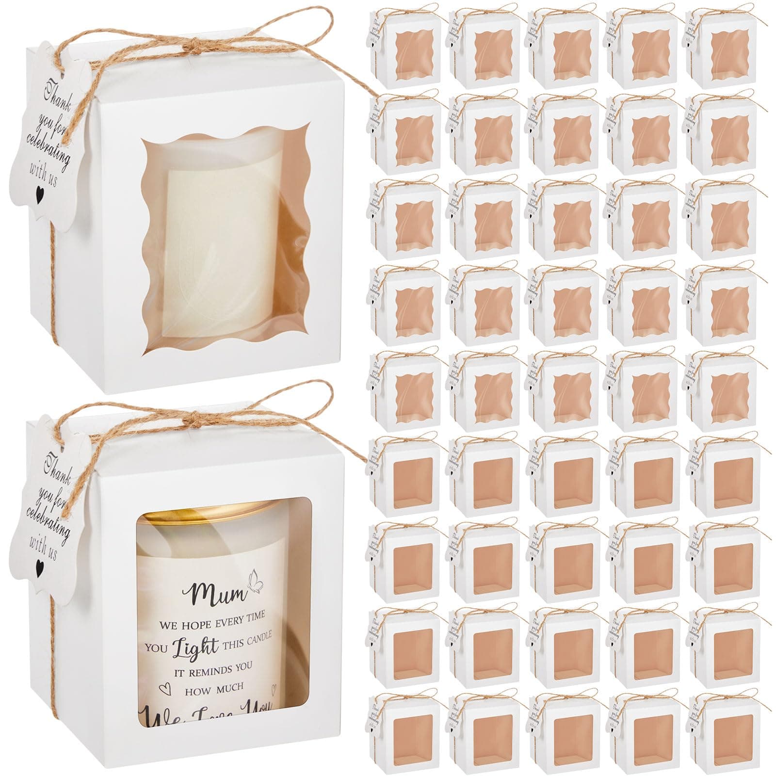 ReliThick 100 Set Candle Gift Box Transparent Gift Packaging Box for 4-10 oz Candles 50 Paper Thank You Tag Bundle Hemp Rope for Wedding Birthday Baby Shower Party Favor, 3.35x3.35x3.94 in(White)