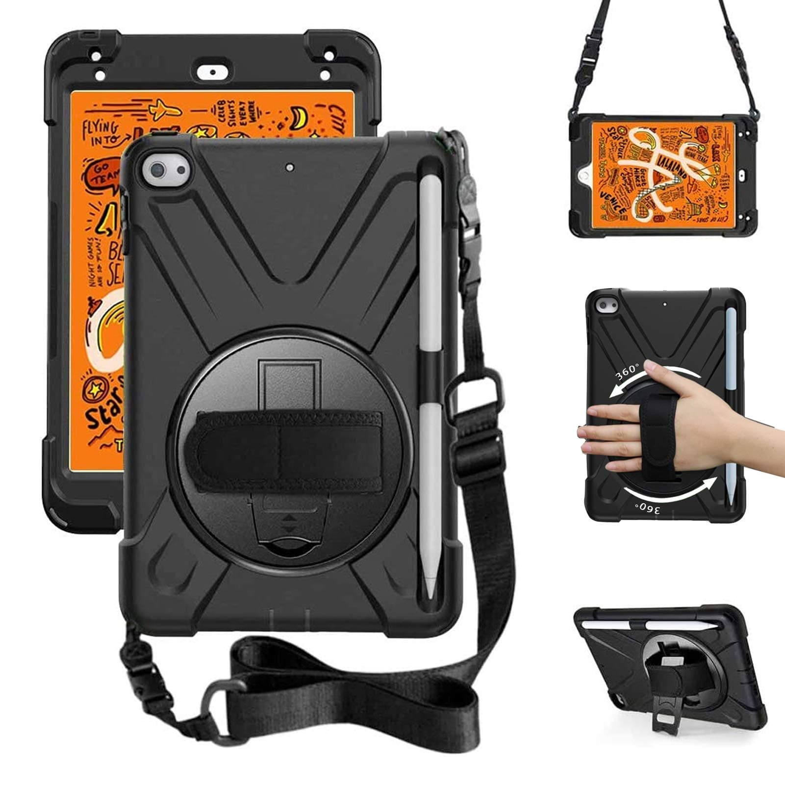 ZenRich iPad Mini 5 Case 2019 iPad Mini 4 Case 2015 zenrich Heavy Duty Shockproof Rugged Case with Pencil Holder Kickstand Hand Strap Carrying Shoulder Belt for iPad 7.9 inches Tablet, Black