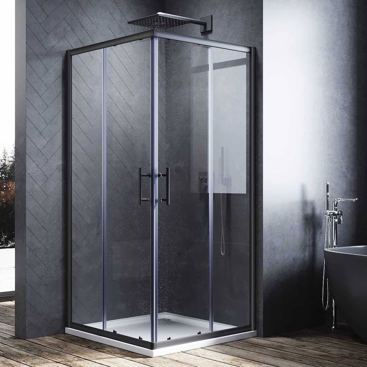 ELEGANT 1000 x 1000 mm Black Sliding Doors Corner Entry Shower Enclosure 6mm Extra Toughened Safety Glass Screen Cubicles