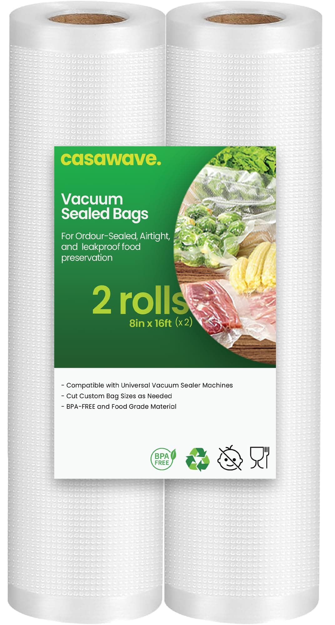 Vacuum Sealer Rolls, 2 Rolls (8"X16') Vacuum Sealer Bags for Food Saver, Sous Vide Bags Food Storage Freezer Sealer Bag for Cooking with BPA Free
