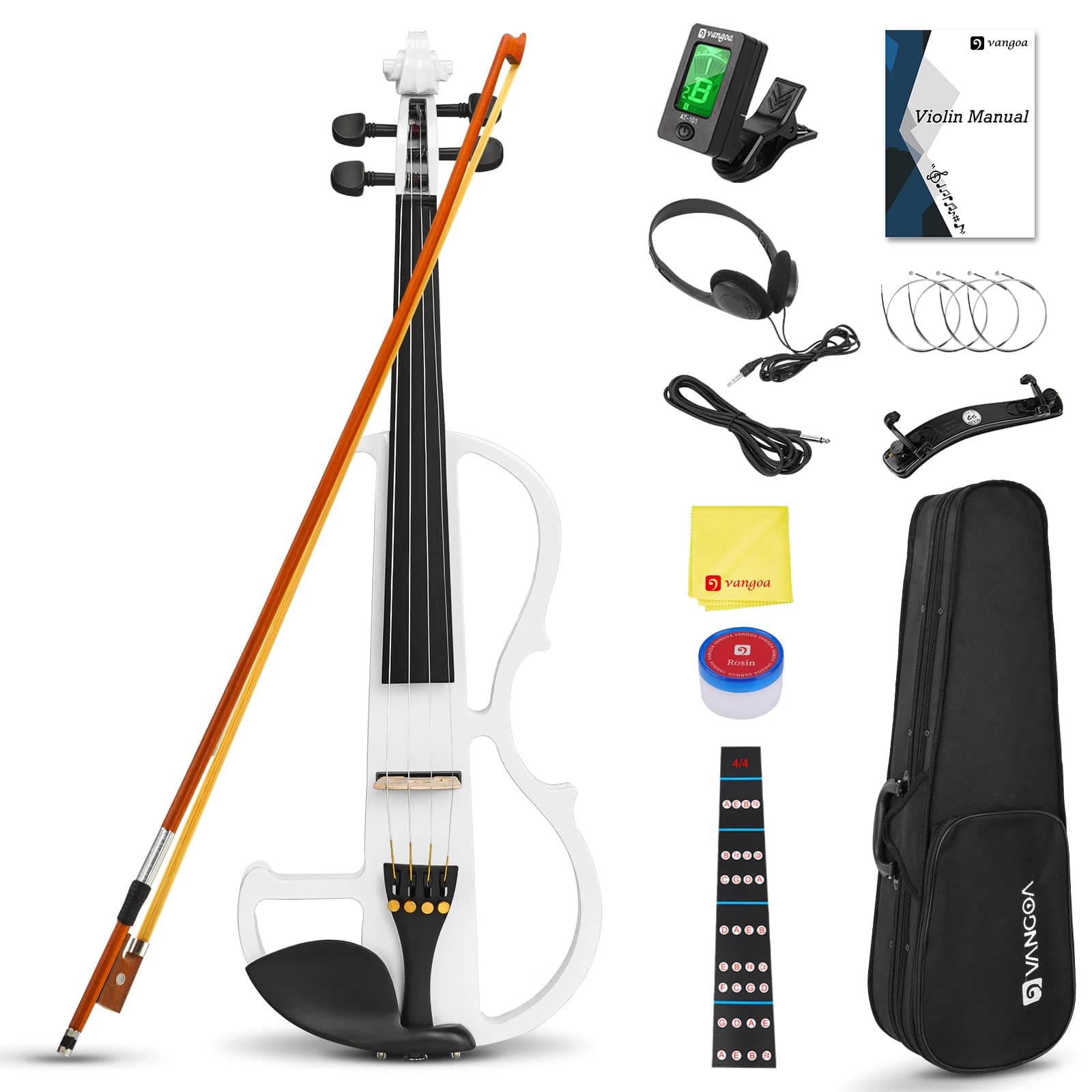 Vangoa Electric Violin 4/4 Full Size Silent Violin Set for Beginner Adults Teens, Solid Maple Wood Metallic Electronic Quite Violin with Ebony Fittings, White