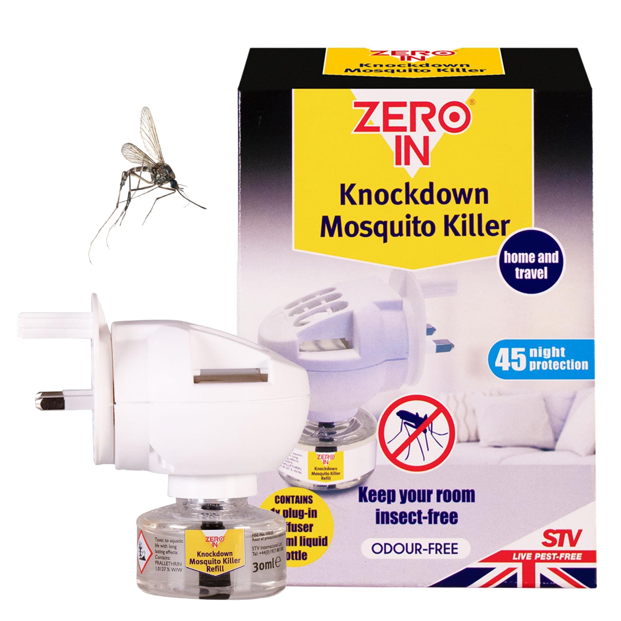 Knockdown Plug-In Mosquito Killer - Odour-Free Plug-In Insect Repellent Unit - Kills Mosquitoes, Midges, & Biting Insects on Contact - Provides Up to 45 Nights of Protection - 30ml Bottle