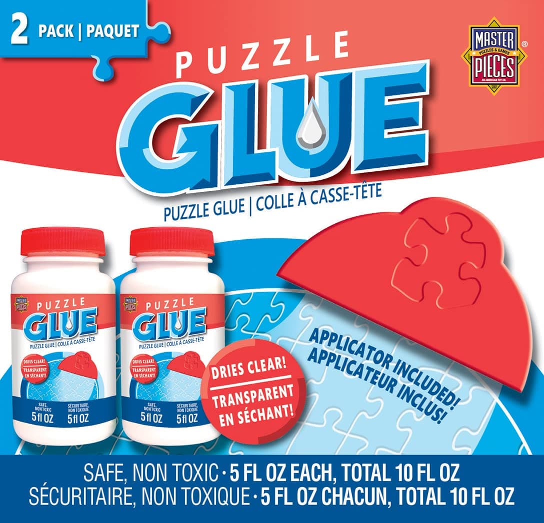 MasterPieces – Puzzle Glue with Wide Plastic Spreader, Easy to Apply, Dries Quick and Clear, Protects Finished Jigsaw Puzzles, Water-Soluble, 2 Pack, 5 oz Each
