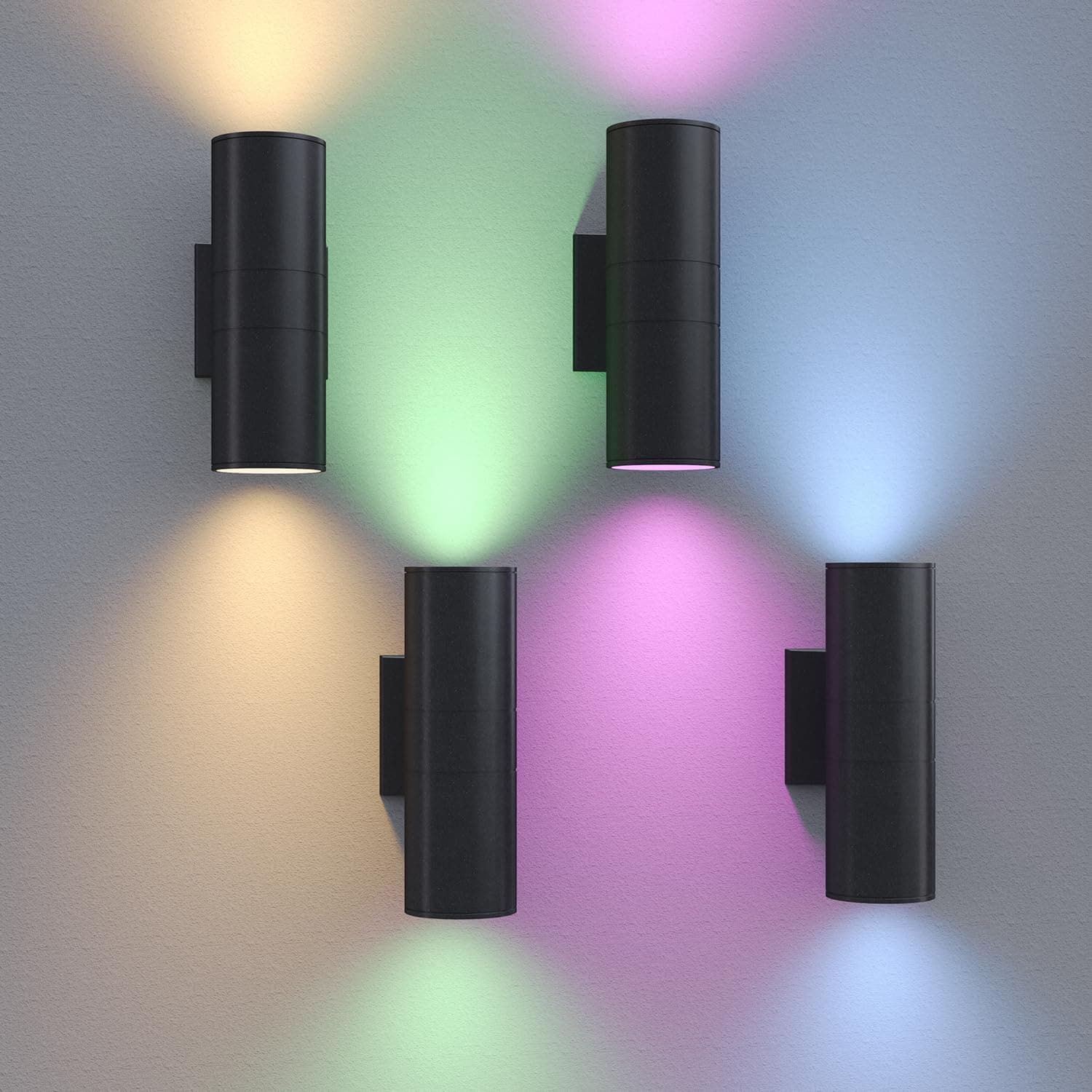 Exterior Double Up Down Outdoor Wall Lights,Mi.Light Remote Control RGB Color Changing 1000lm Warm White 3000k RGBW Cylinder Outdoor Wall Light,Smart LED Exterior Lighting (4 Pack)