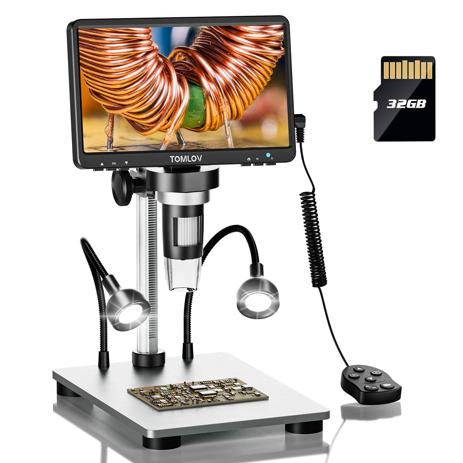 TOMLOV DM9 7" Digital Microscope: 1080P 1200X Coin Microscope Magnifier, 12MP Ultra-Precise Focusing LCD Soldering Microscopes for Adults, PC View, 32GB