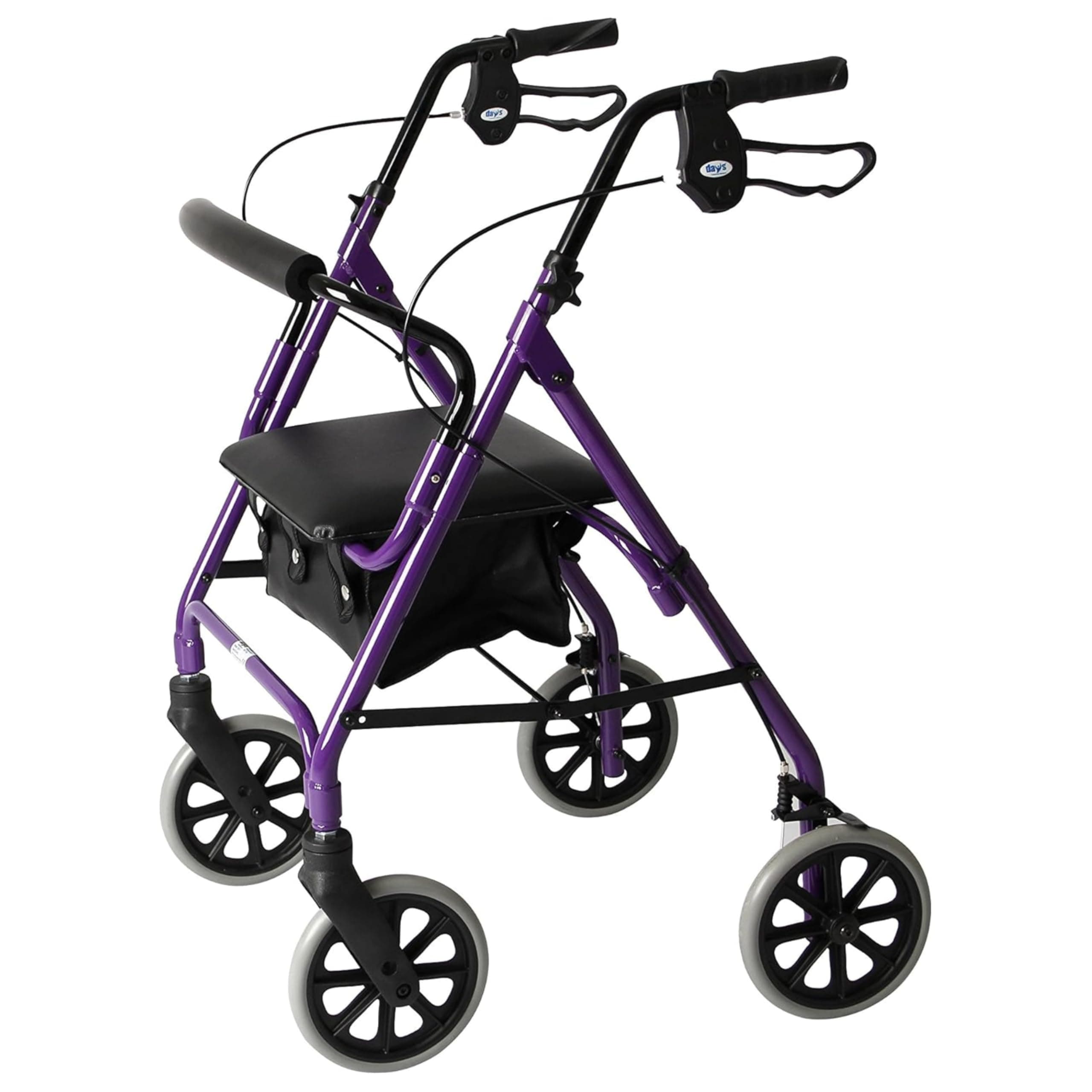 DAYS Lightweight Folding Four Wheel Rollator, Mobility Walker with Padded Seat, Lockable Brakes and Carry Bag, Limited Mobility Aid, For Elderly or Disabled, Purple, 103/Small