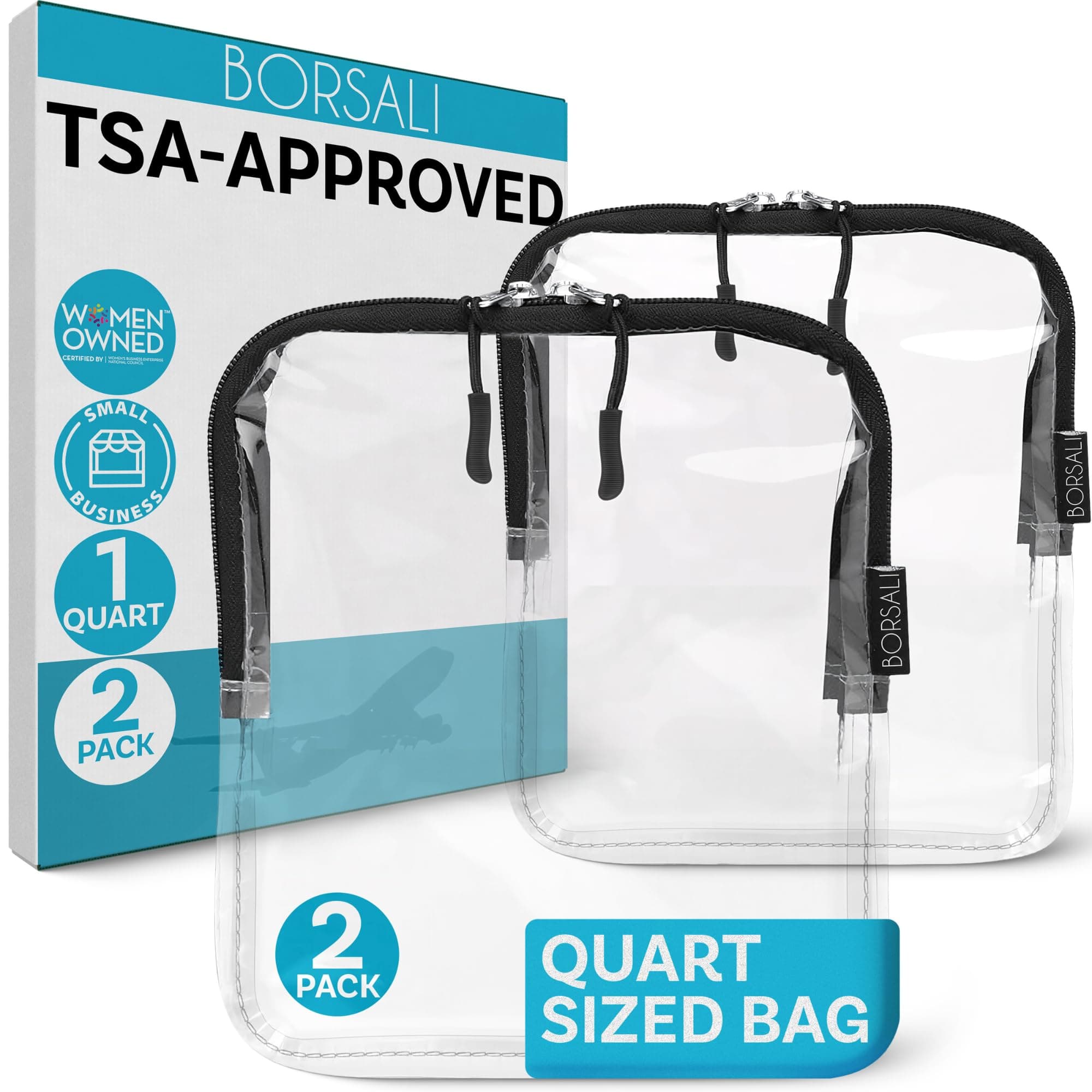 BORSALI TSA Approved Toiletry Bag - Clear Quart Size for 3-1-1 LIquids for Carry On Travel - Toiletries Organizer - Cosmetic Pouch with Zipper - Travel Accessories - 2 Pack