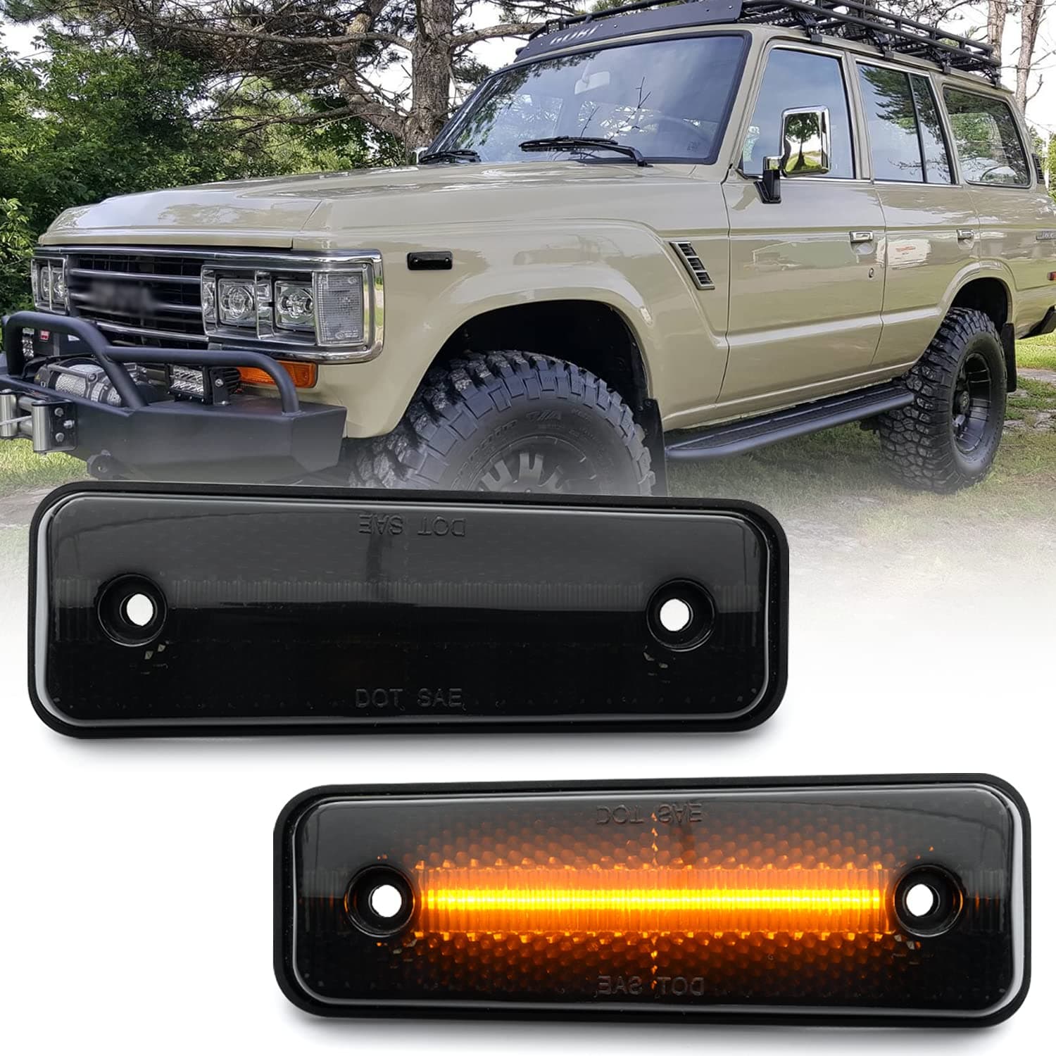 NSLUMO Led Side Marker Lights Replacement for 1981-1990 Land Cruiser 79-83 To'yota Pickup Trucks Amber Led Front Fender Side Marker Turn Signal Light Kit LH RH Smoked Lens OEM 8174014110