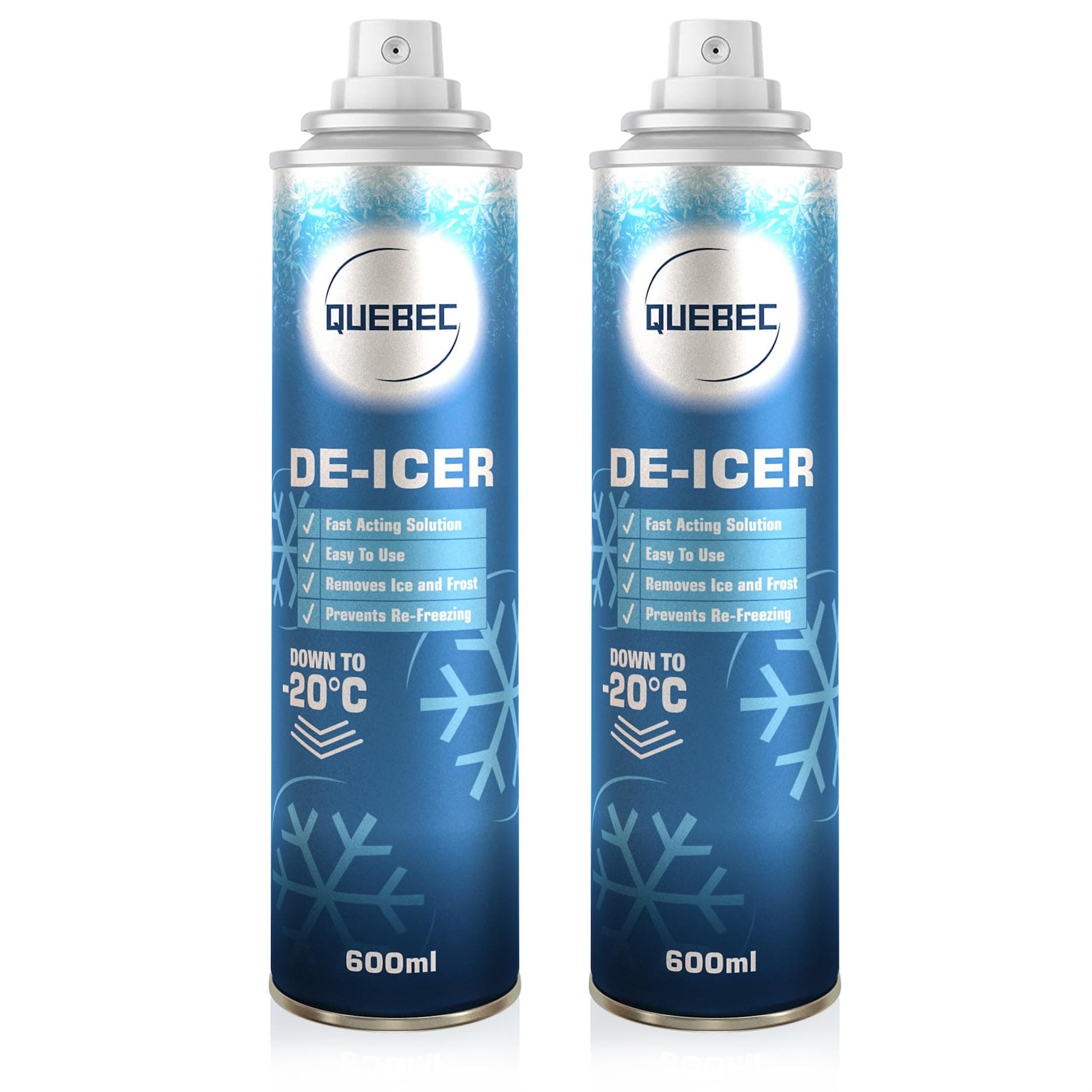 QUEBEC De-icer Spray 600ml For Car Windscreen - Fast Acting Melts Ice and Frost Quickly For Windows/Mirrors - Operates at -20°c and Prevents Re-Freezing (Pack of 2)