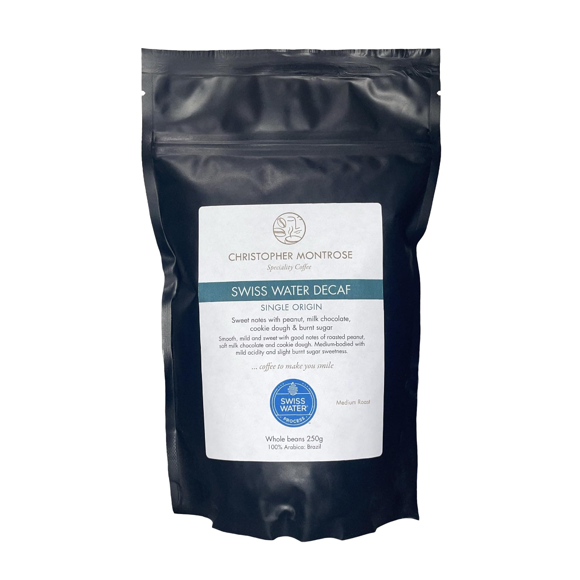 Christopher Montrose Coffee | Single Origin Swiss Water Decaf | Medium Roast Whole Bean Coffee 250g