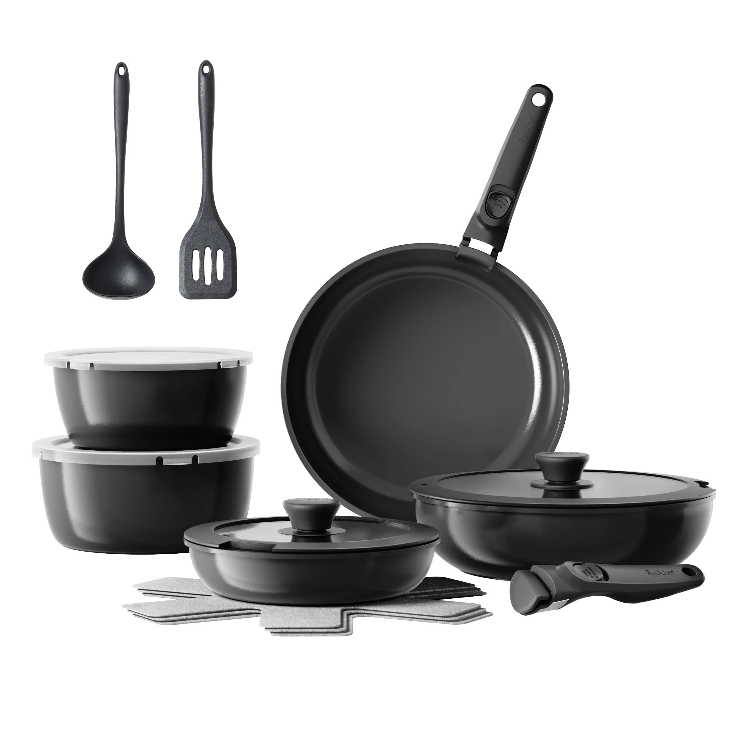 16pcs Ceramic Pots and Pans Set Non Stick, Nonstick Kitchen Cookware Set with Detachable Handle, Non Toxic, PFAS PFOA & PTFE Free, RV Cookware Set for Camping, Dishwasher/Oven Safe (Black)