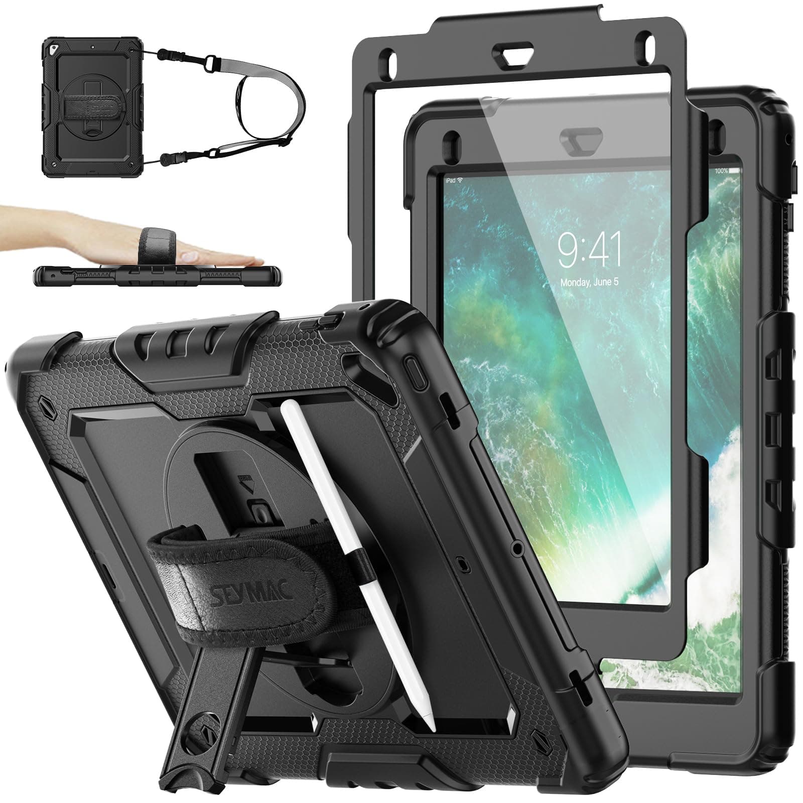 SEYMAC stock Case for iPad 6th / 5th Generation Case/Air 2 / Pro 9.7 inch, Heavy Duty Protective with Screen Protector, with Pencil Holder, Hand Strap, Shoulder Strap, 360 Rotate Stand, Black