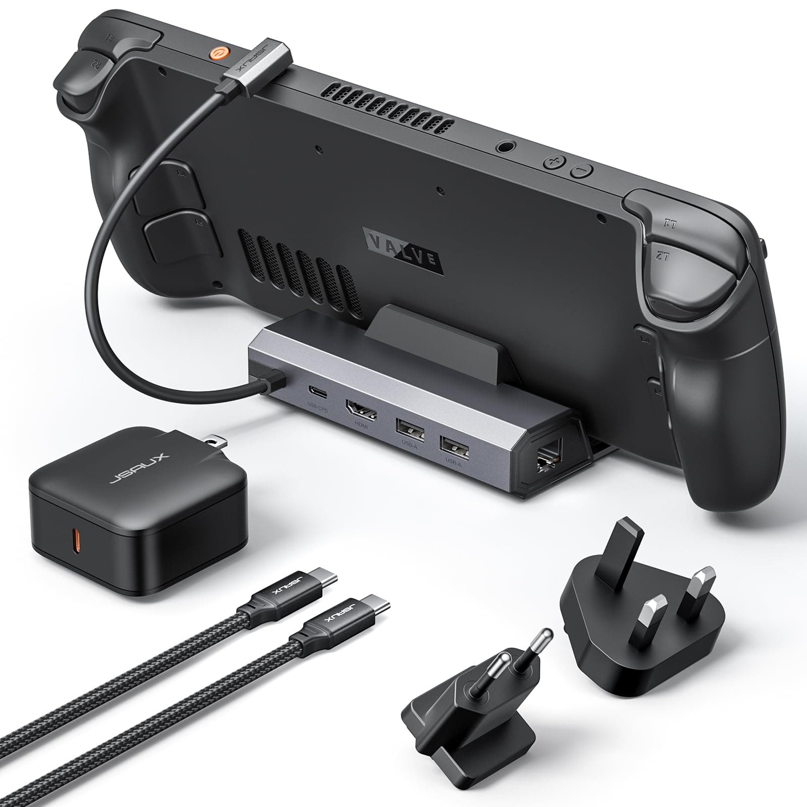 JSAUX Docking Station and 65W Charger Compatible with Steam Deck OLED/ROG Ally X/Legion Go (S), 5-in-1 Dock with HDMI 4K@120Hz, 100Mbps Ethernet, Dual USB 2.0 and 100W Charge-HB0602