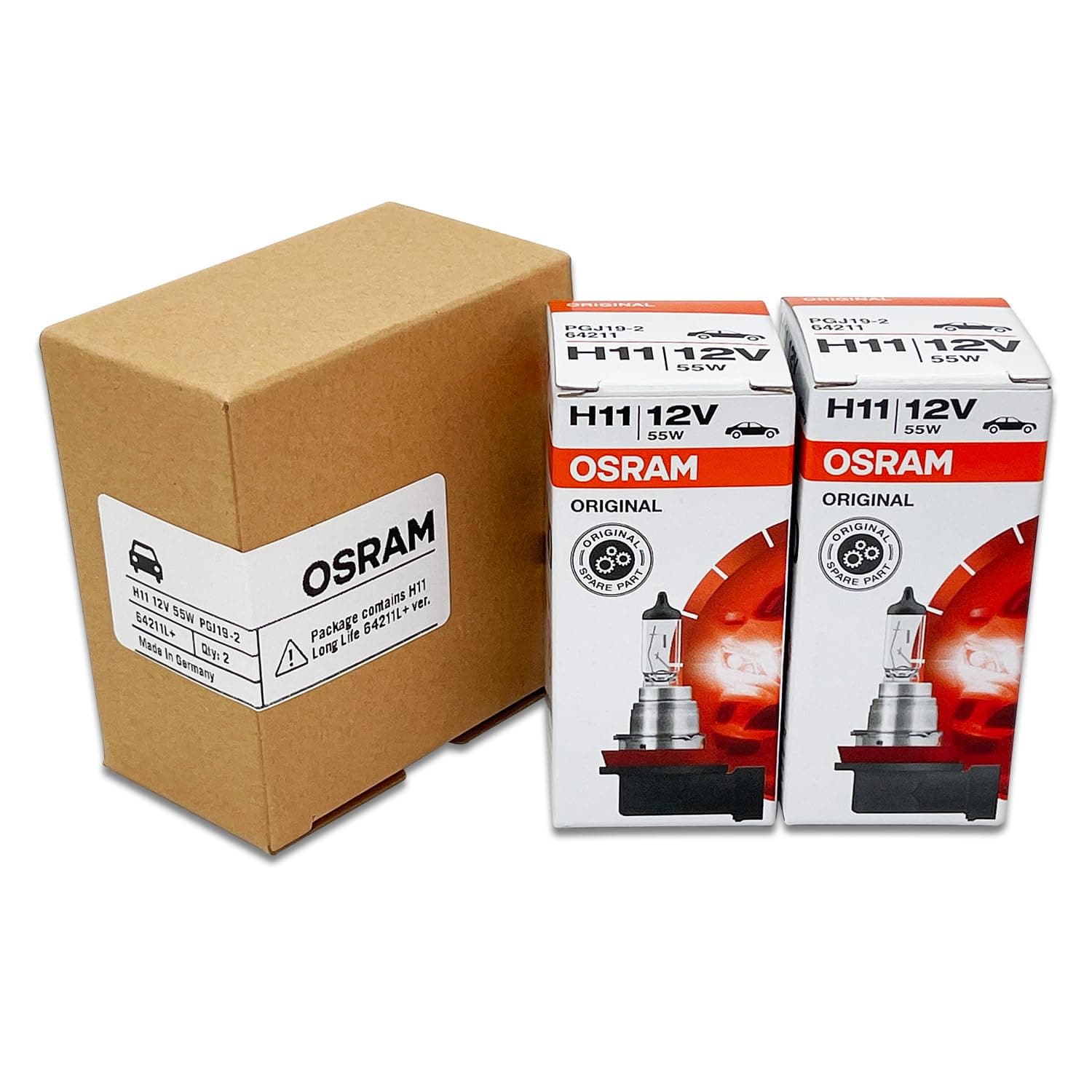 H11 64211L+ DOT Original Standard Halogen Light Bulb 12V 55W 3800K PGJ19-2 Made in Germany/Pack of 2