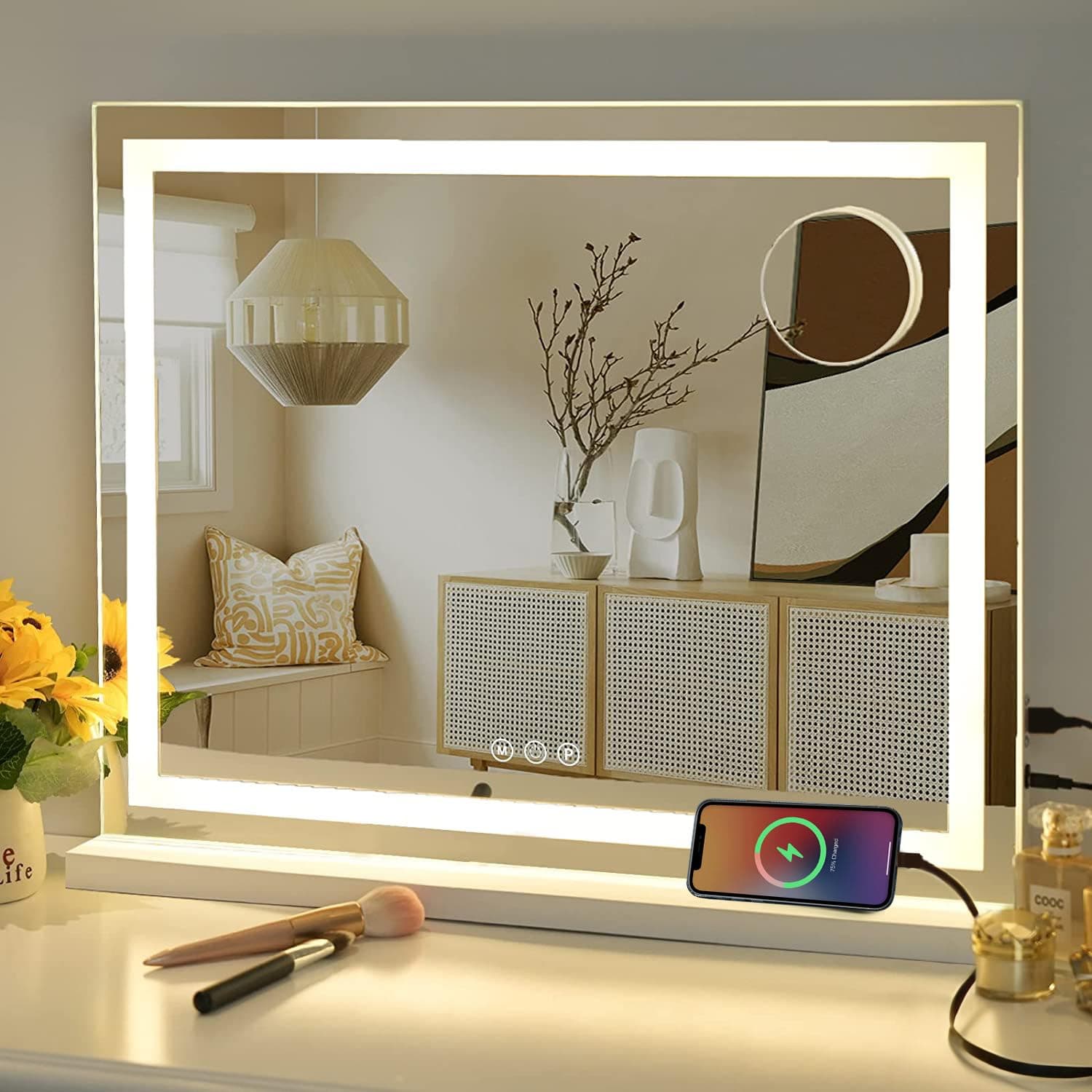 Sucedey Vanity Mirror with Lights, 23" x 18" Makeup Mirror, Hollywood Mirror with 3 Color Modes & Adjustable Brightness, Detachable 10x Zoom Mirror and USB Charging Design (White)