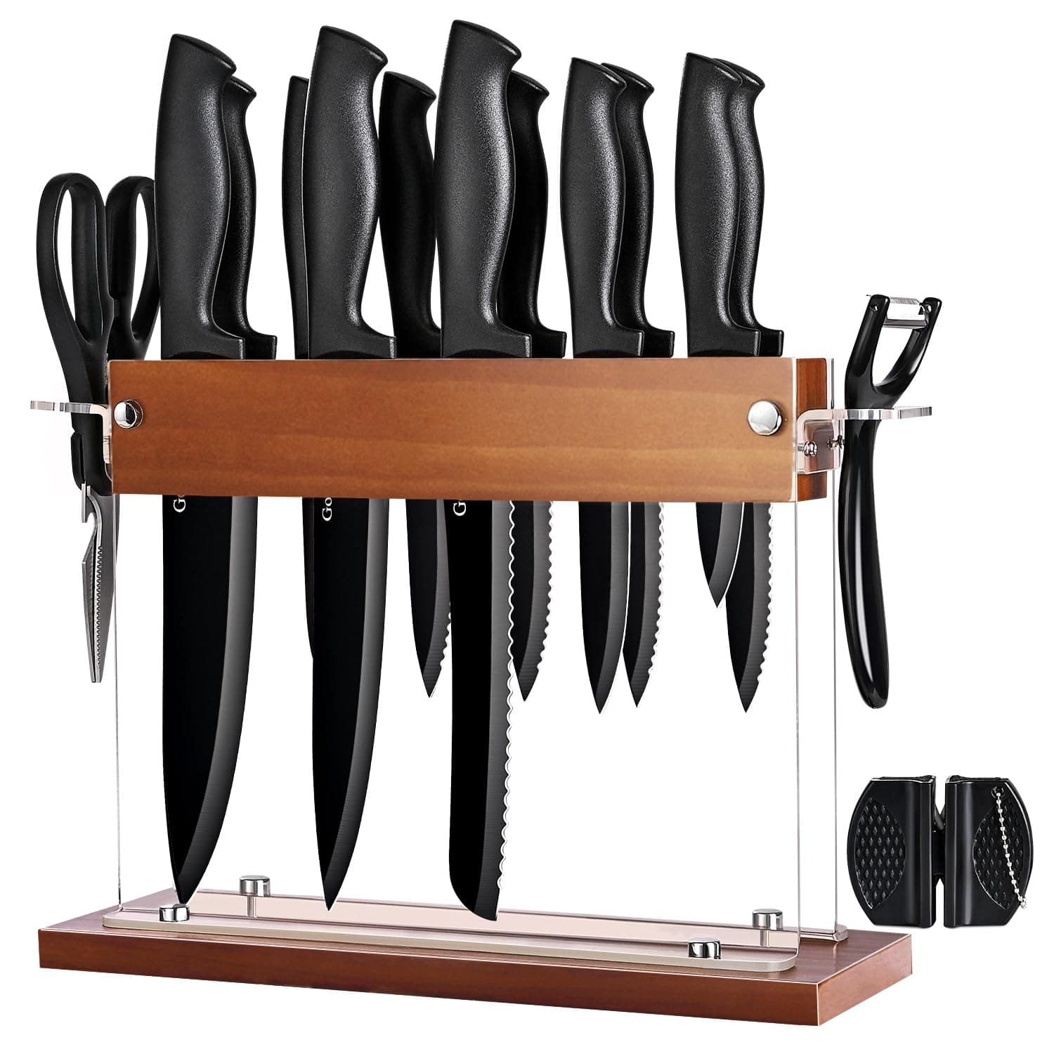 Kitchen Knife Set with Block 15 Pcs, Black Cooking Knives Set for Kitchen, Sharp Chef Knife Set for Cutting Meat with Sharpener and Scissors