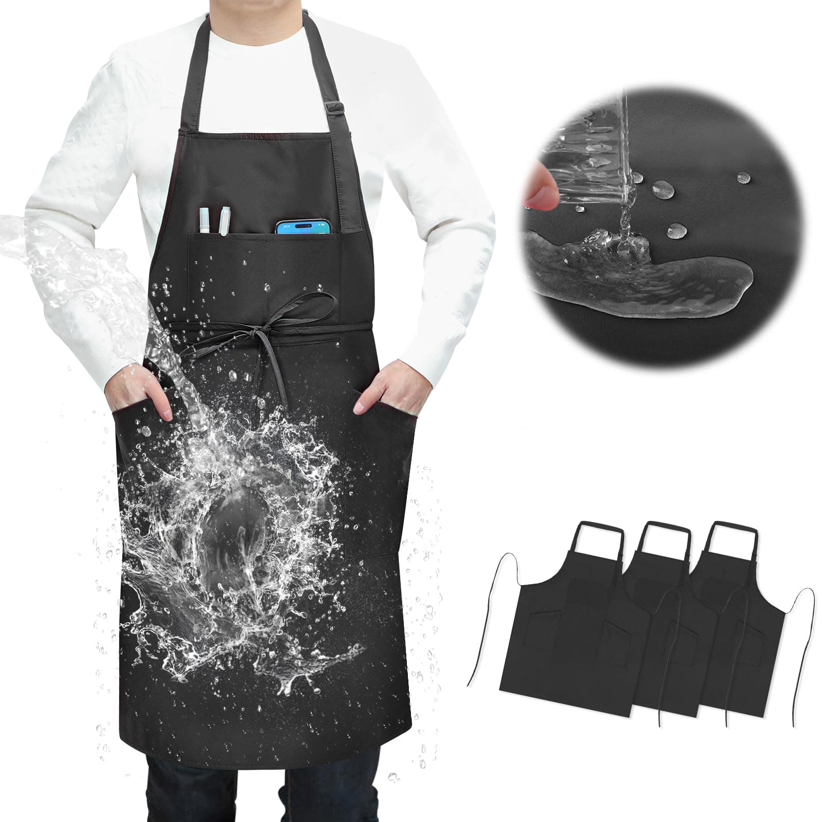 3 Pcs Dual Waterproof Oilproof Kitchen Chef Aprons with 4 Pockets for Men Women, Adjustable Soft Anti-Tear Cooking Bib Apron for Baking Grilling BBQ Painting Cleaning (Black)