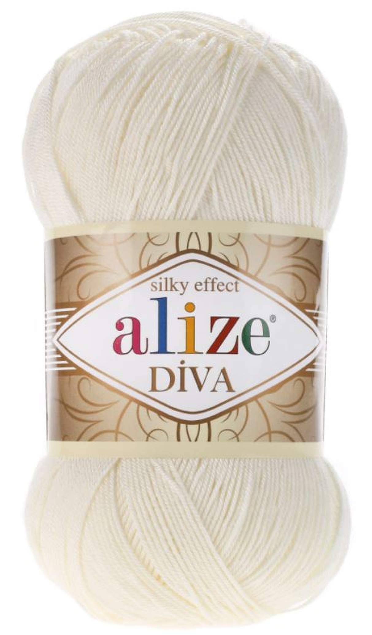 Diva Silk Effect 100% Microfiber Acrylic Yarn 1 Ball/Skein 100gr 383yds Color (62 - Light Cream)