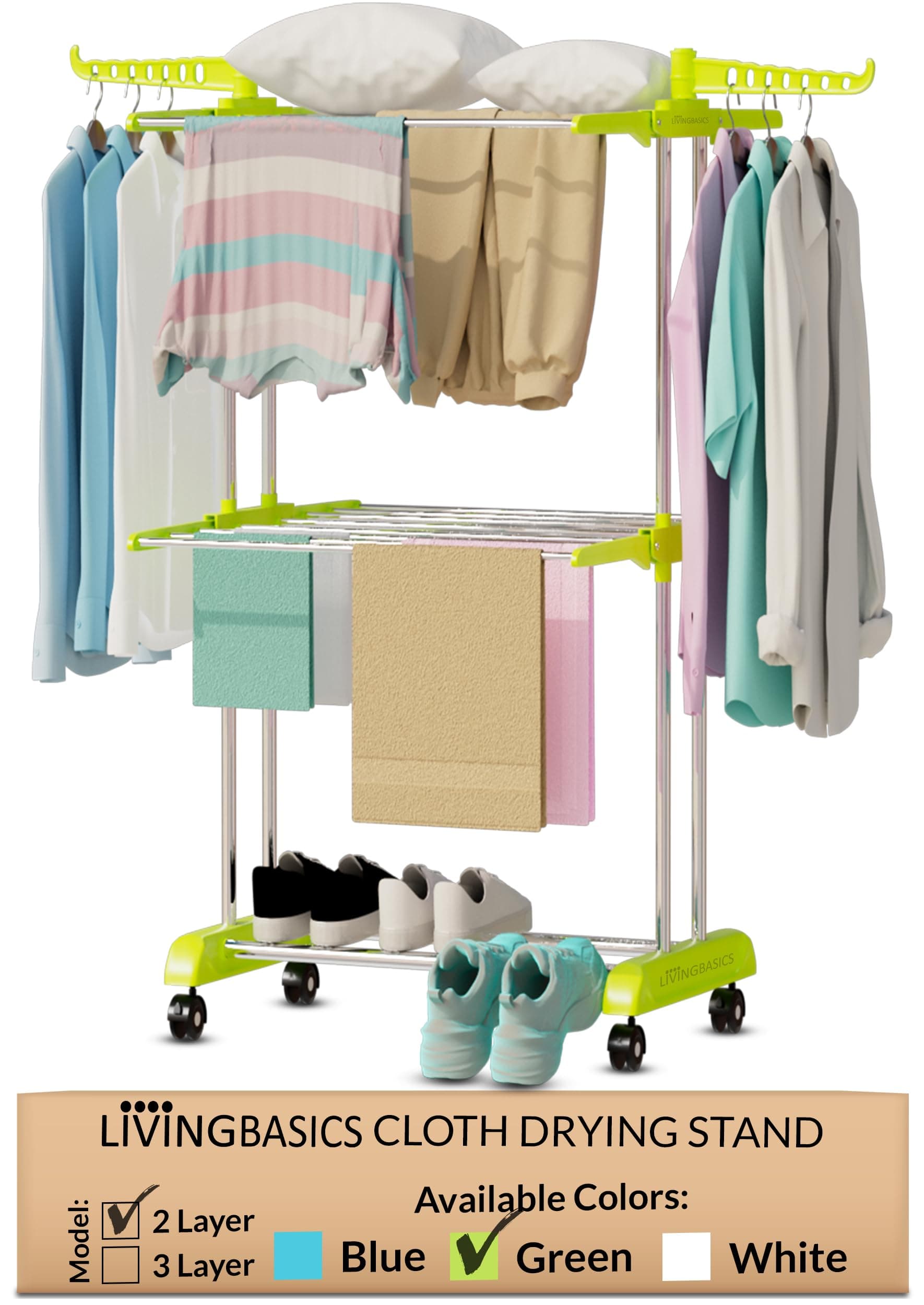 LIVINGBASICS 2 Layer Finest Clothes Stand for Drying/Cloth Drying Stand/Cloth Stand for Drying Clothes Foldable/Cloth Drying Stand for Balcony/Stainless Steel Hanging Dress Dryer Rack (Lime Green)