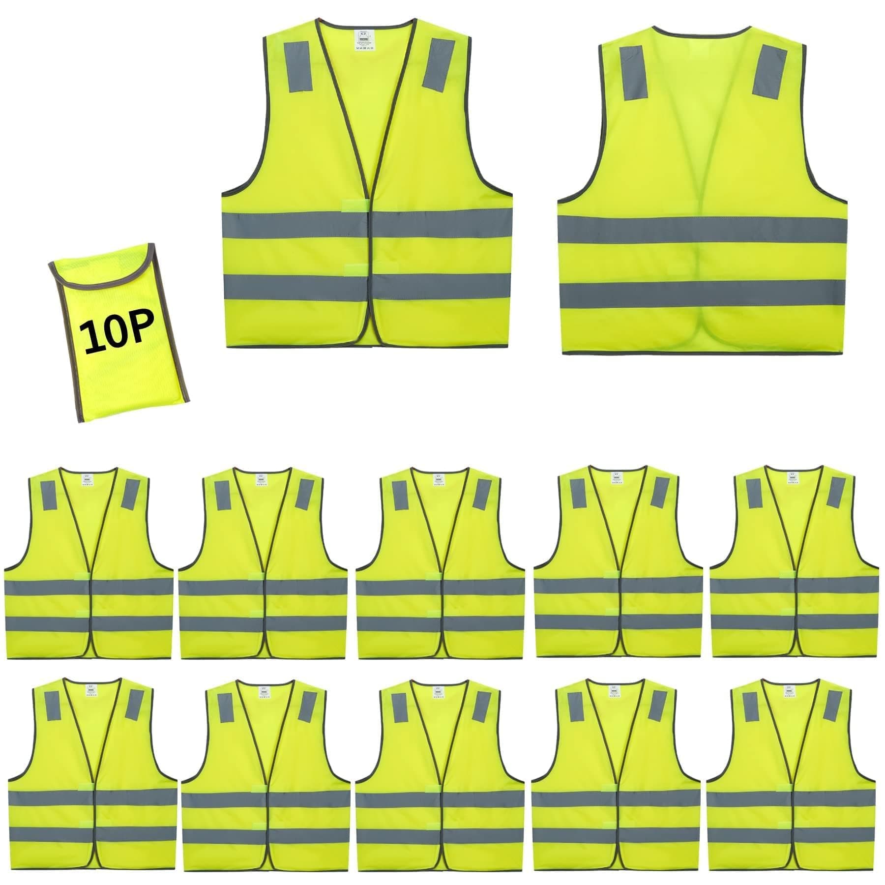 Safety Vests 10 Pack - Yellow Reflective High Visibility Construction ANSI Class 2 Work Vest for Men,Woman,Hi Vis Vest Mesh and Neon Silver Strip