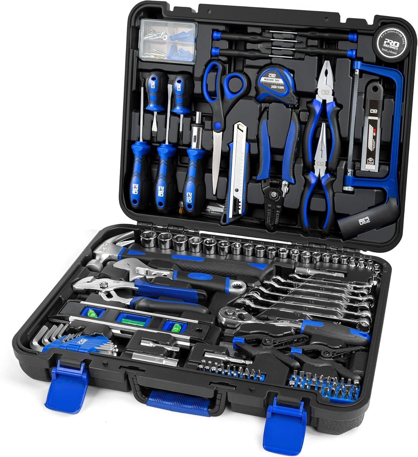 Prostormer 259-Piece Tool Kit, General Household Hand Tool Set with Plastic Storage Toolbox, Portable Complete Repair Tool Box for Home and Car (Blue)