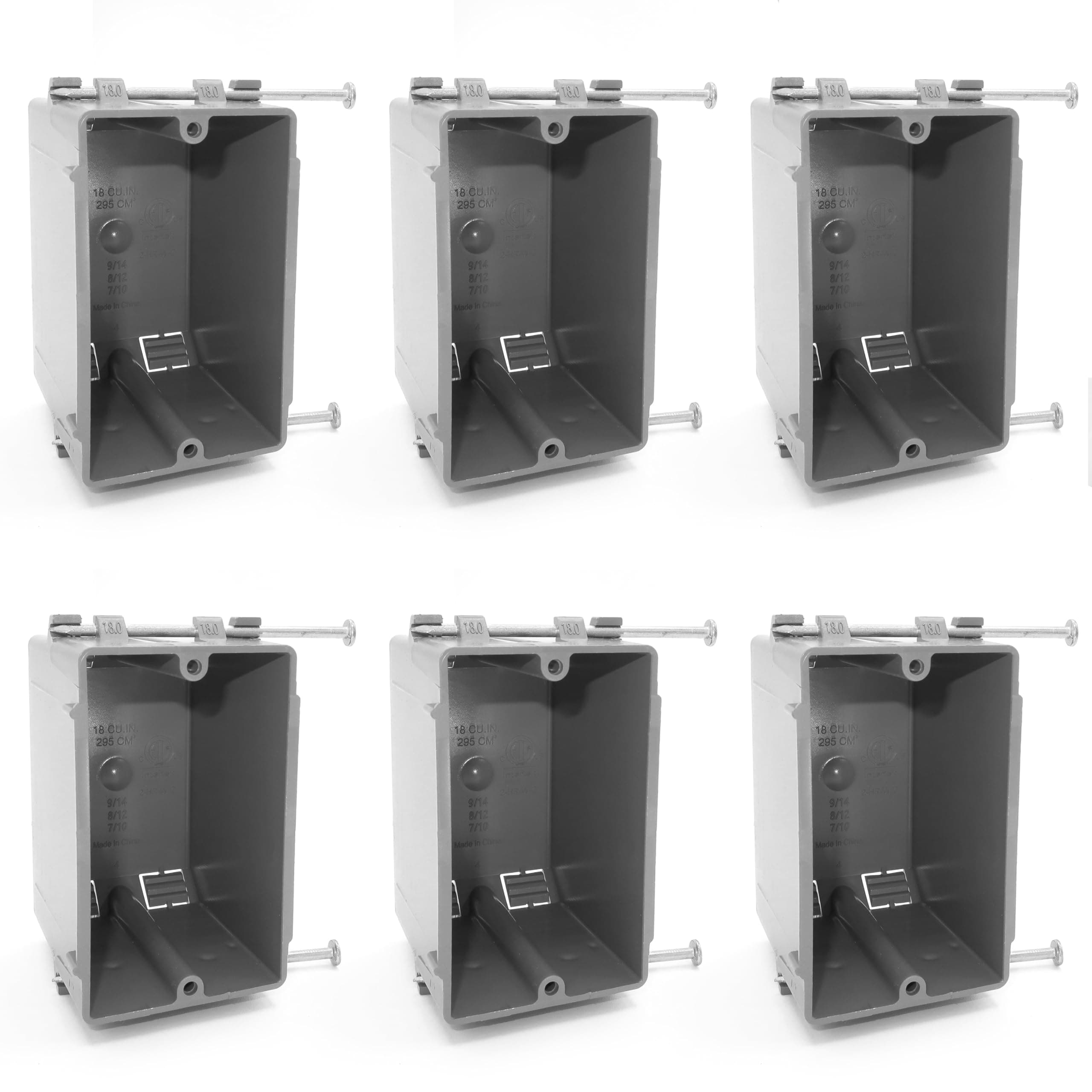 (Pack of 6) Plastic Electrical Box, Grey Outlet Box, Single Gang New Work Junction Box, Captive Nails, 20 cu. Inches, Length 3-5/8'', Width 2-1/8'', Depth 3-1/4''