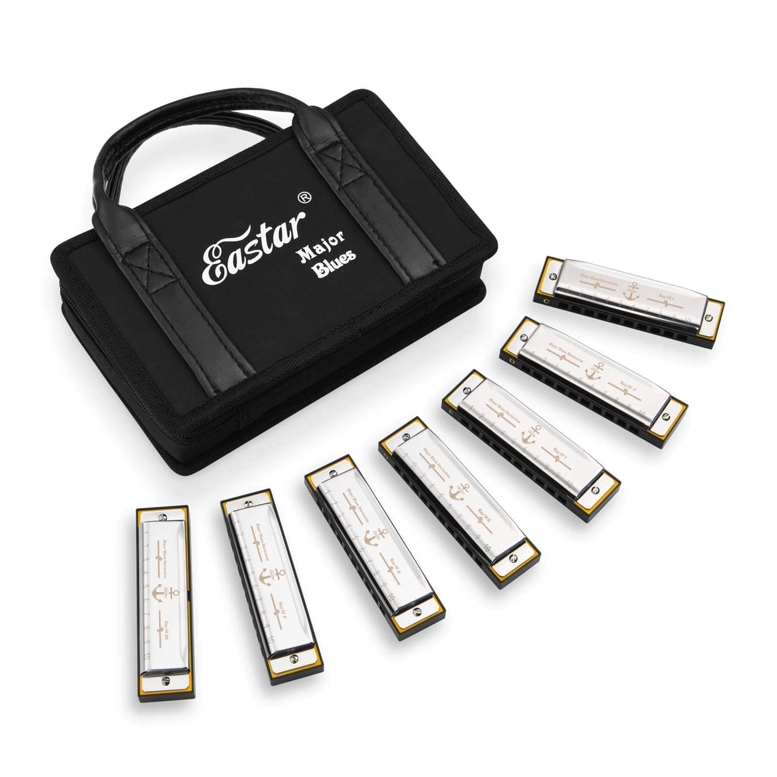 Eastar Major Blues Harmonica Sets 7 Keys Diatonic in Key of C D E F G A Bb for Adults Beginners Students Kids 7-Pack, Carrying Case, Cleaning Cloth