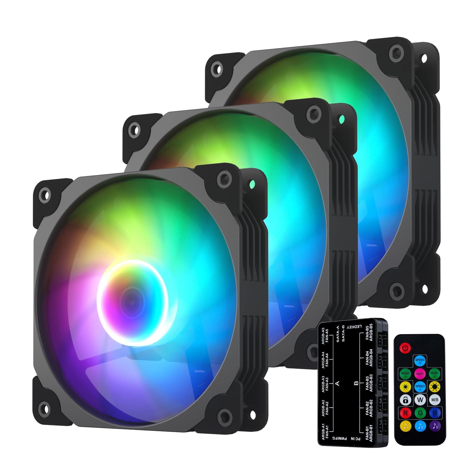 Vetroo 3 Pack 120mm ARGB LED Case Cooling Fan Computer PC Cooler Black Frame High Airflow High-Performance Controller Free with 5V 3pin Motherboard Sync
