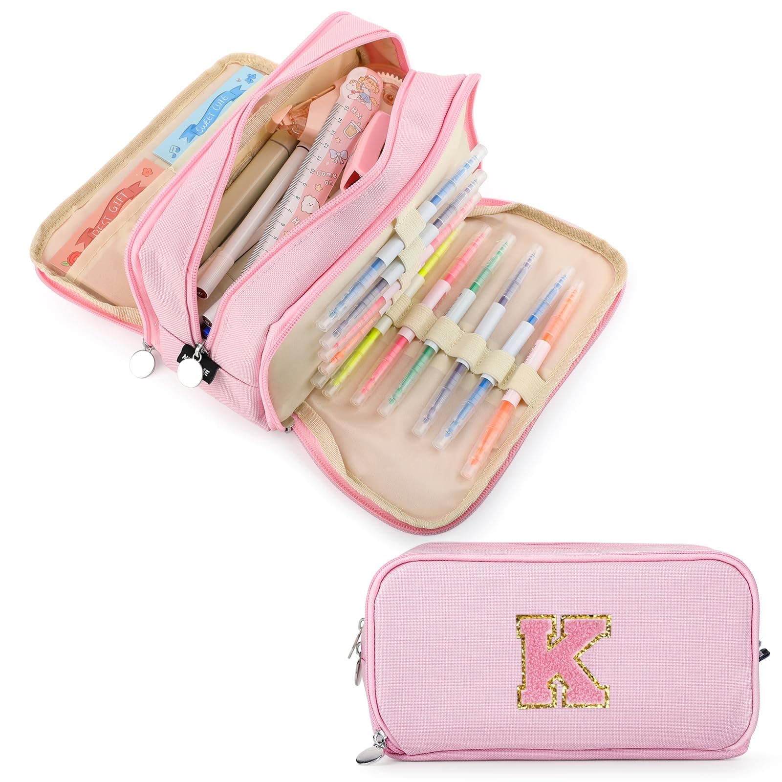 Extra Large Capacity Pencil Case 3 Compartment Initial Pencil Pouch Personalized Cute Aesthetic Stationery Pen Case Bag for School Teen Girl Boy Men Women Gift (K, Pink)
