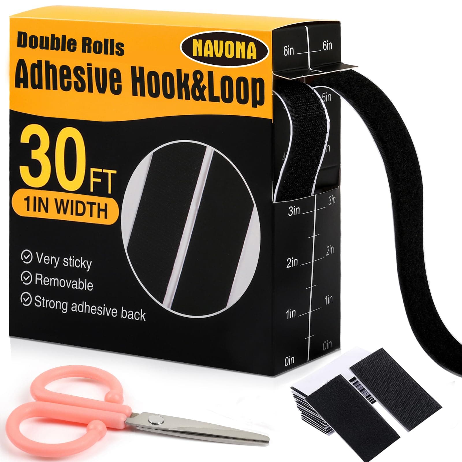 30Ft x 1 Inch Hook and Loop Strips with Adhesive – 2 Rolls Heavy Duty Hook and Loop Tape with Backing for Home, Office, School, and Crafting Projects, Black