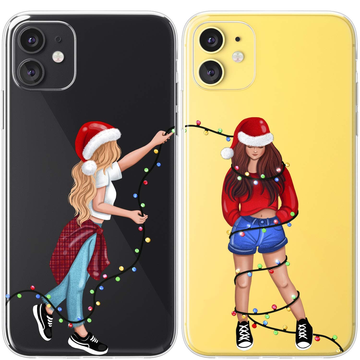 Mertak Couple Cases Compatible with iPhone 13 Pro Max 12 Mini 11 SE Xs Xr 8 Plus 7 6s Santa Silicone Stylish Relationship Matching Lightweight Christmas Lights Flexible Holliday Best Friends Girls