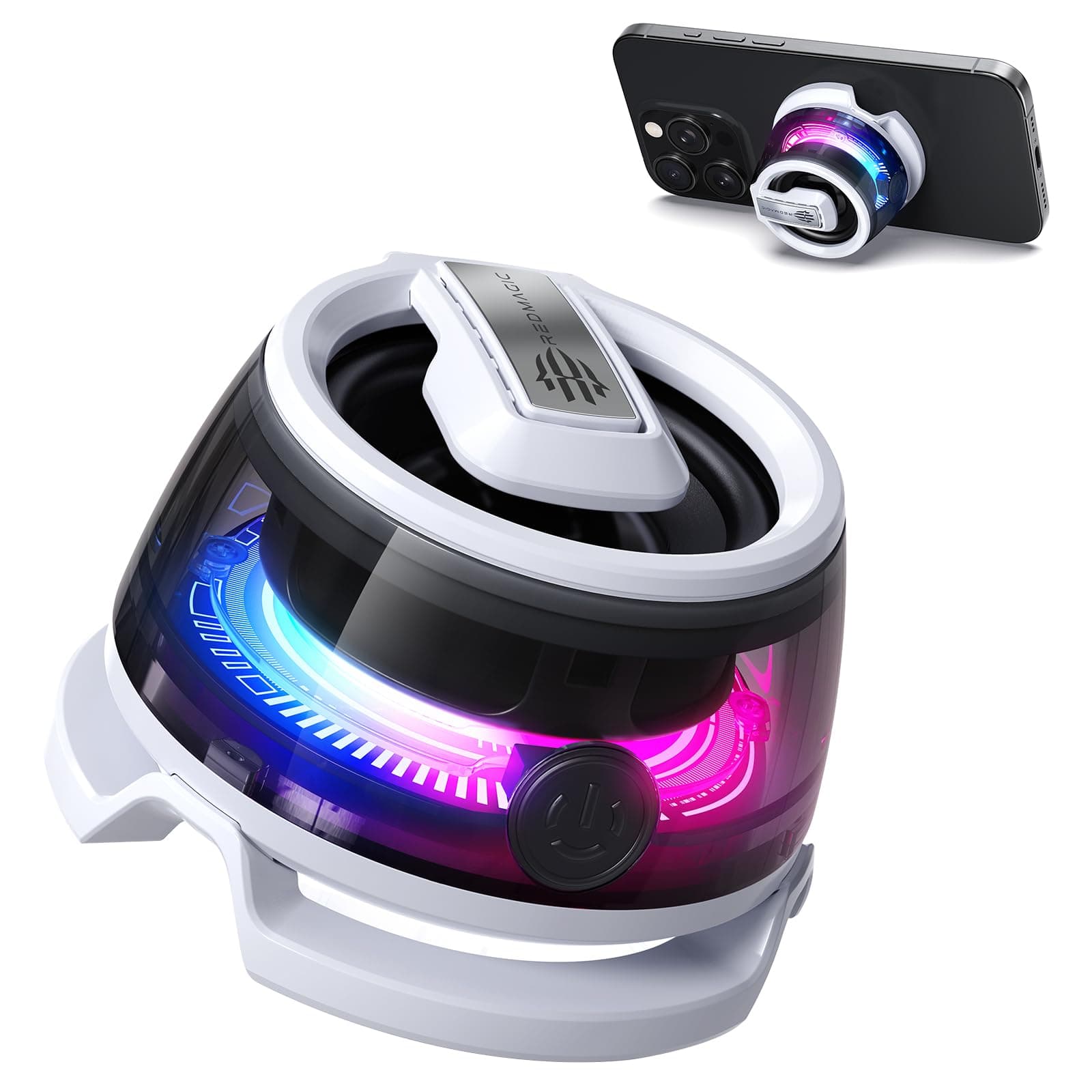 RedMagic Mini Phone Stand with Bluetooth Speaker, BT 5.3, RGB Light, Game/Music Mode, Wireless Portable Magnetic Speaker for Golf Cart, Travel, Shower, Outdoors or Metal Surface