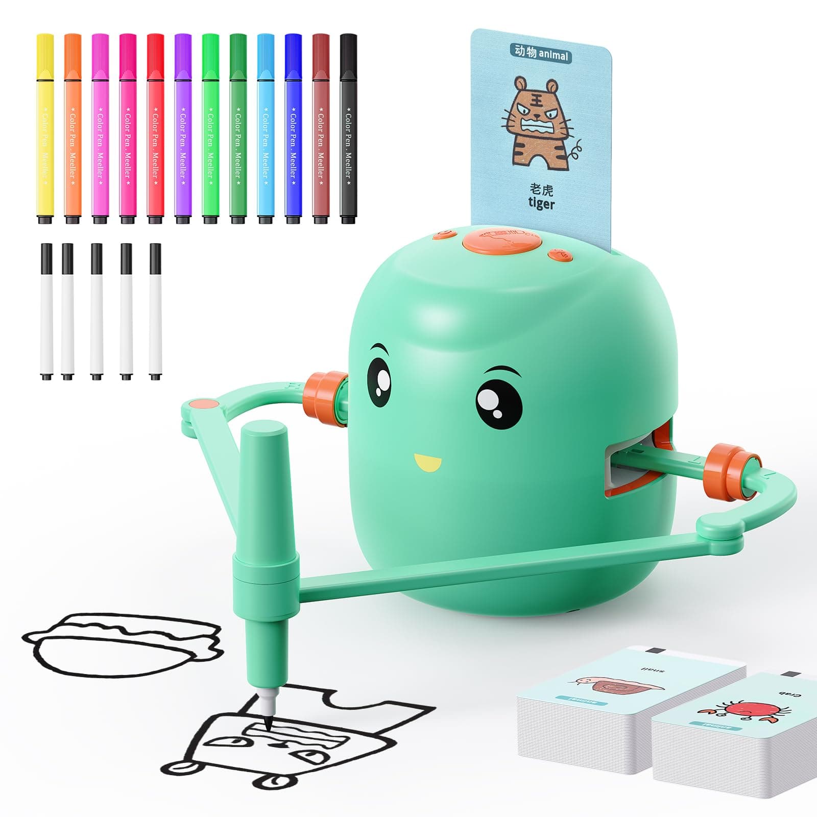 Interactive Educational Drawing Robot for Kids - Montessori Learning Toy with 150 Word Cards, Voice Interaction, Ages 5+ (Green)