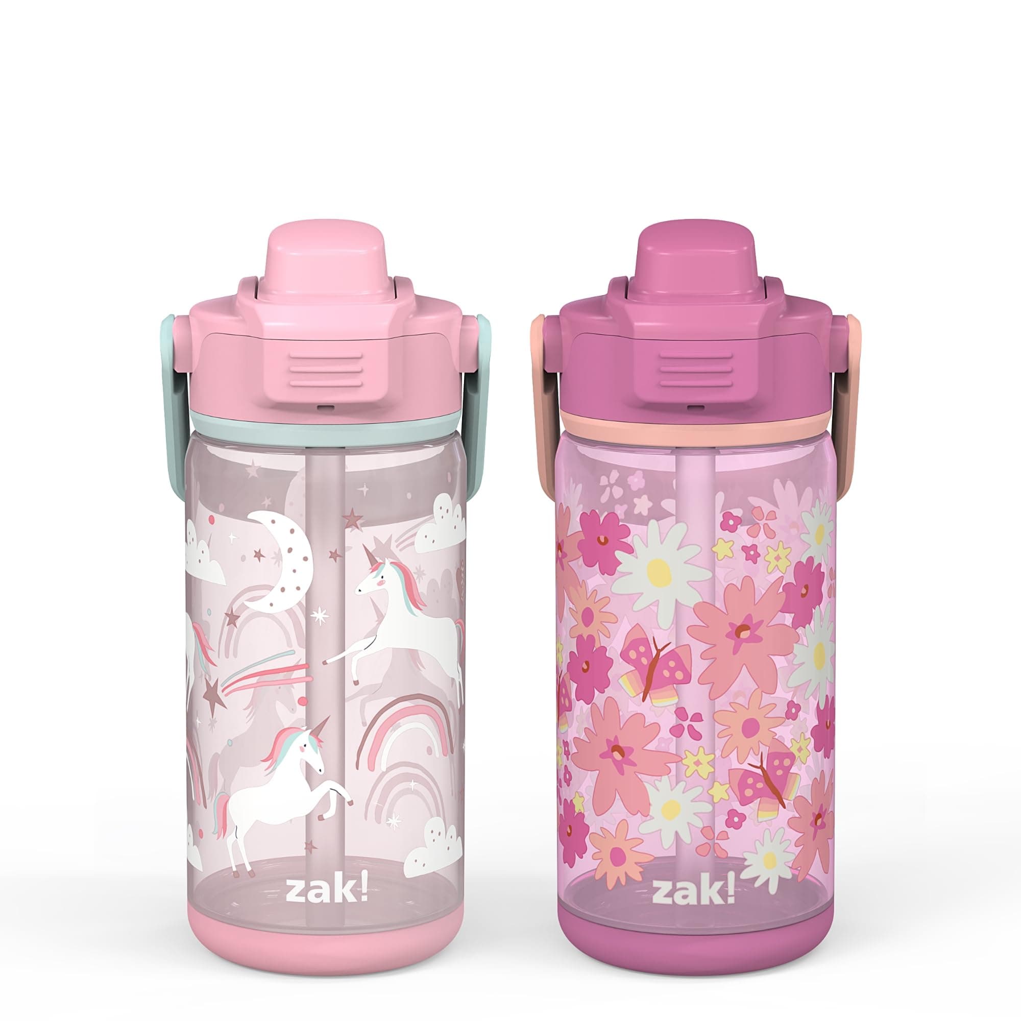 Zak Designs Unicorn Kid Water Bottle 2-Pack Set for Travel or At Home, 16oz Plastic is Durable and Leak-Proof with Silicone Spout, Cover, Carry Handle, Protective Base (Fanciful Unicorn, Flower Power)