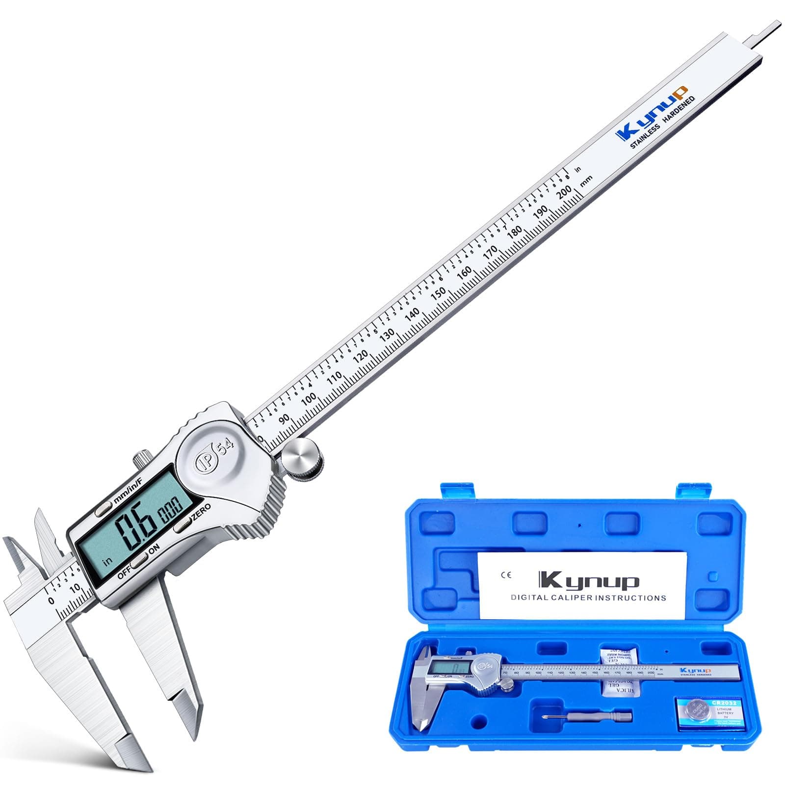 Kynup Digital Caliper, 8 Inch Caliper Measuring Tool with Stainless Steel, IP54 Splash Proof Protection Design, Easy Switch from Inch Metric Fraction, Large LCD Screen (200mm)